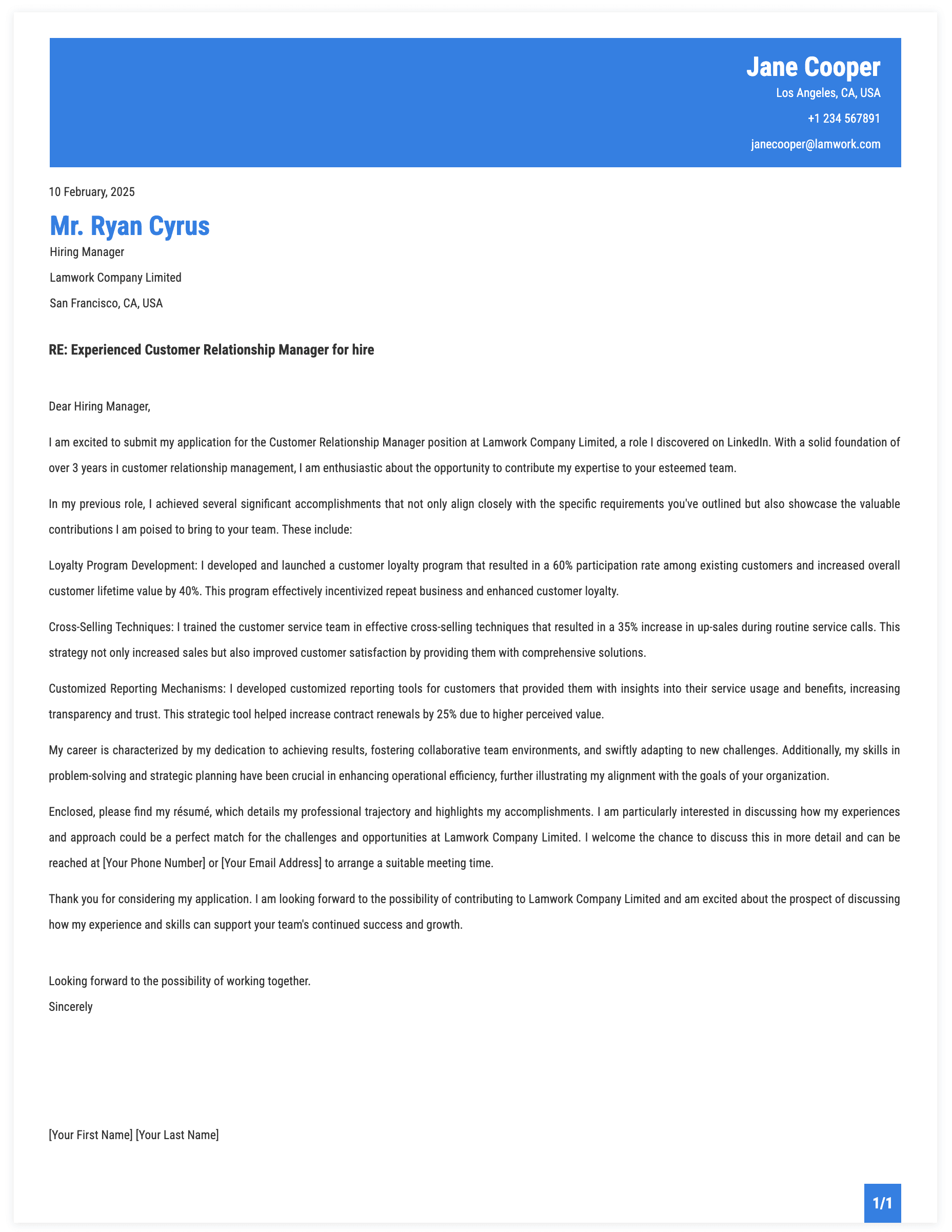Customer Relationship Manager Cover Letter Template