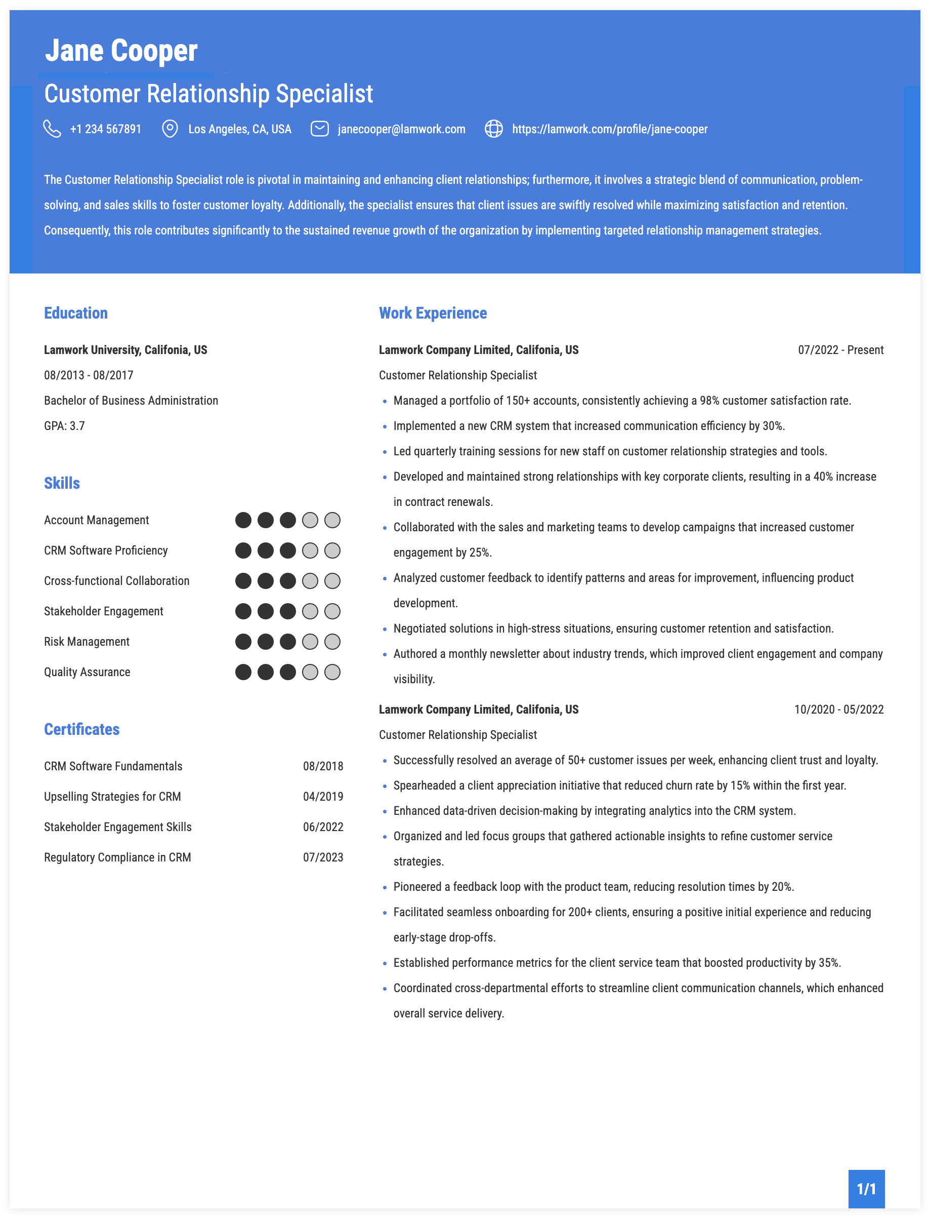 Customer Relationship Specialist Resume Example