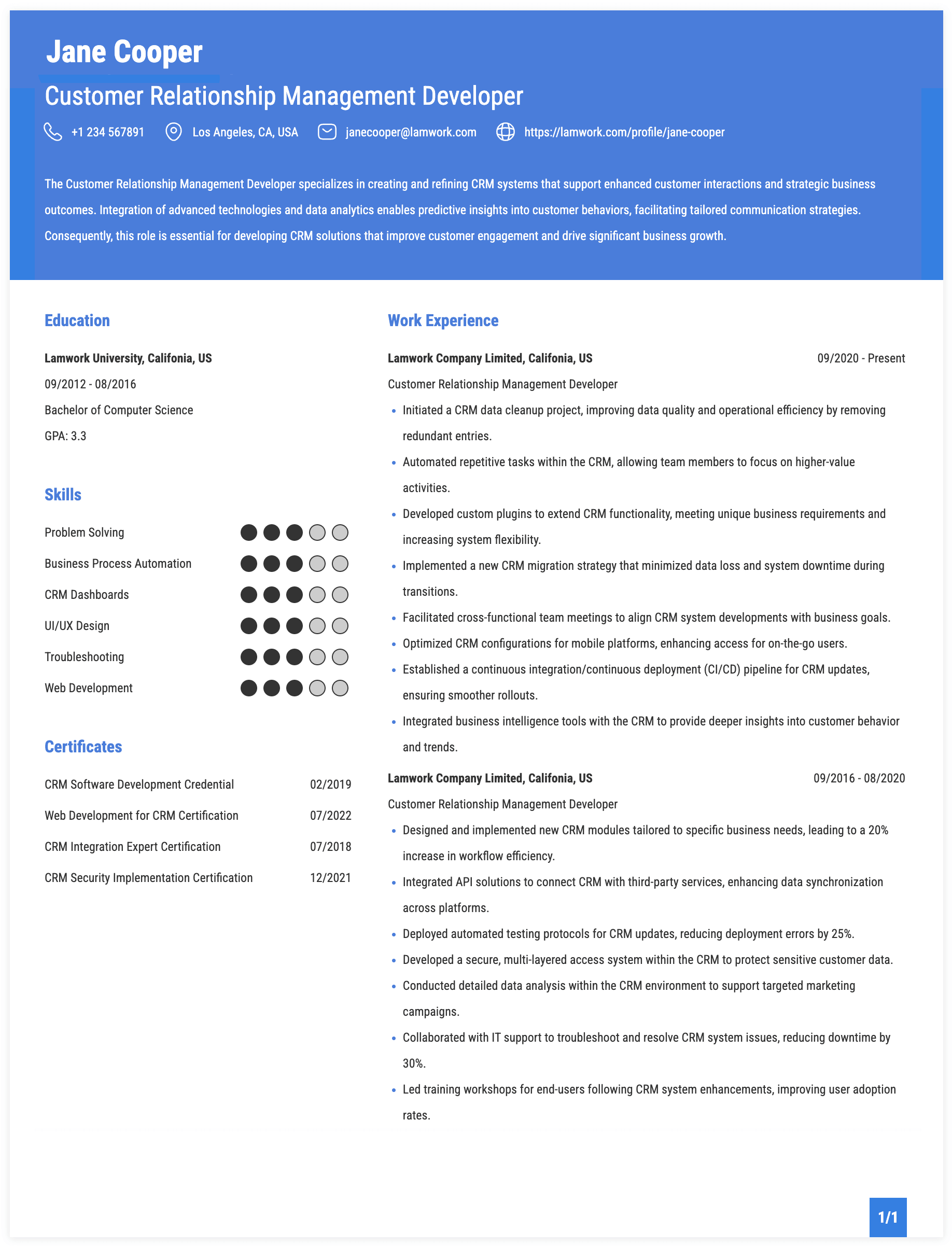 Customer Relationship Management Developer Resume Example