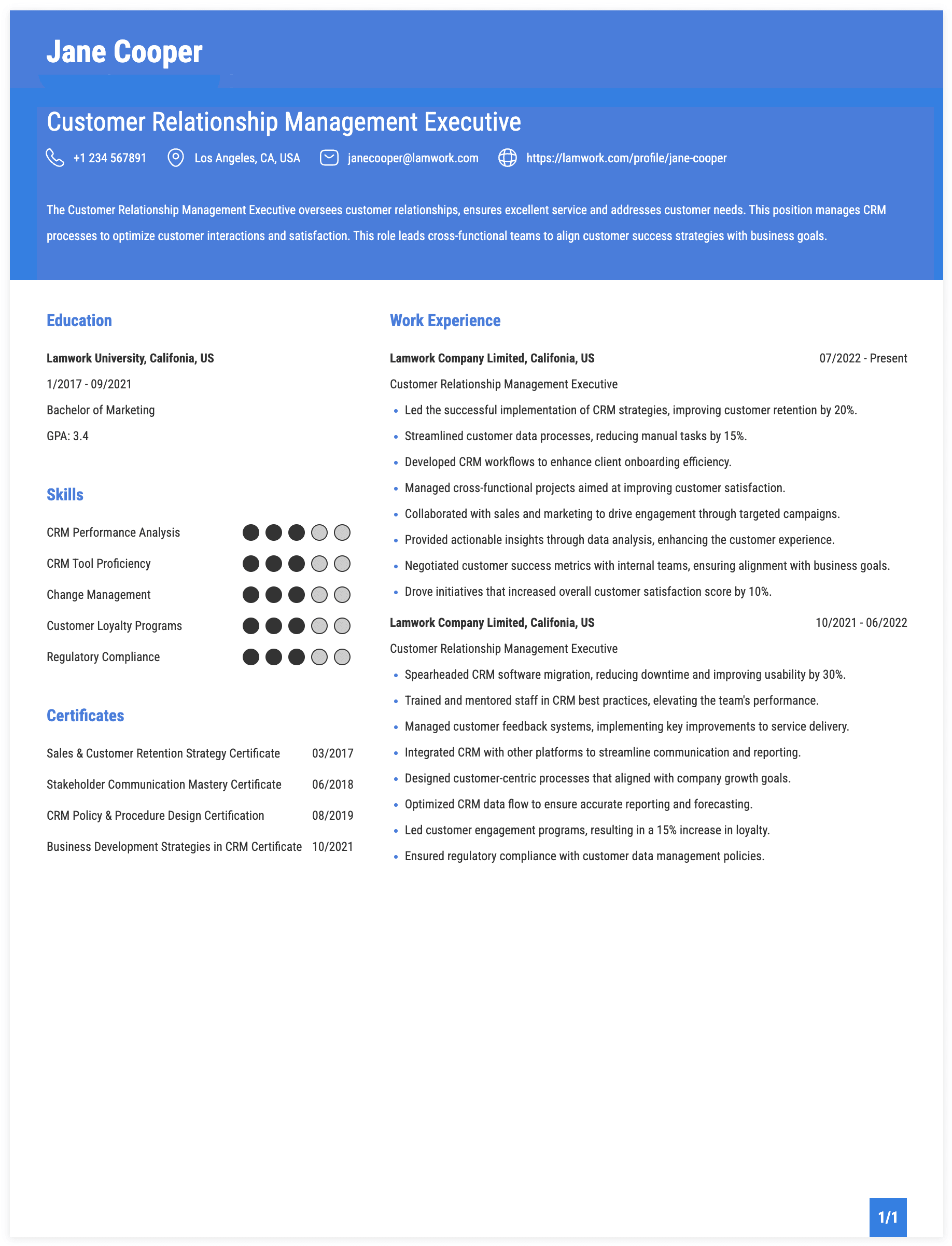 Customer Relationship Management Executive Resume Example