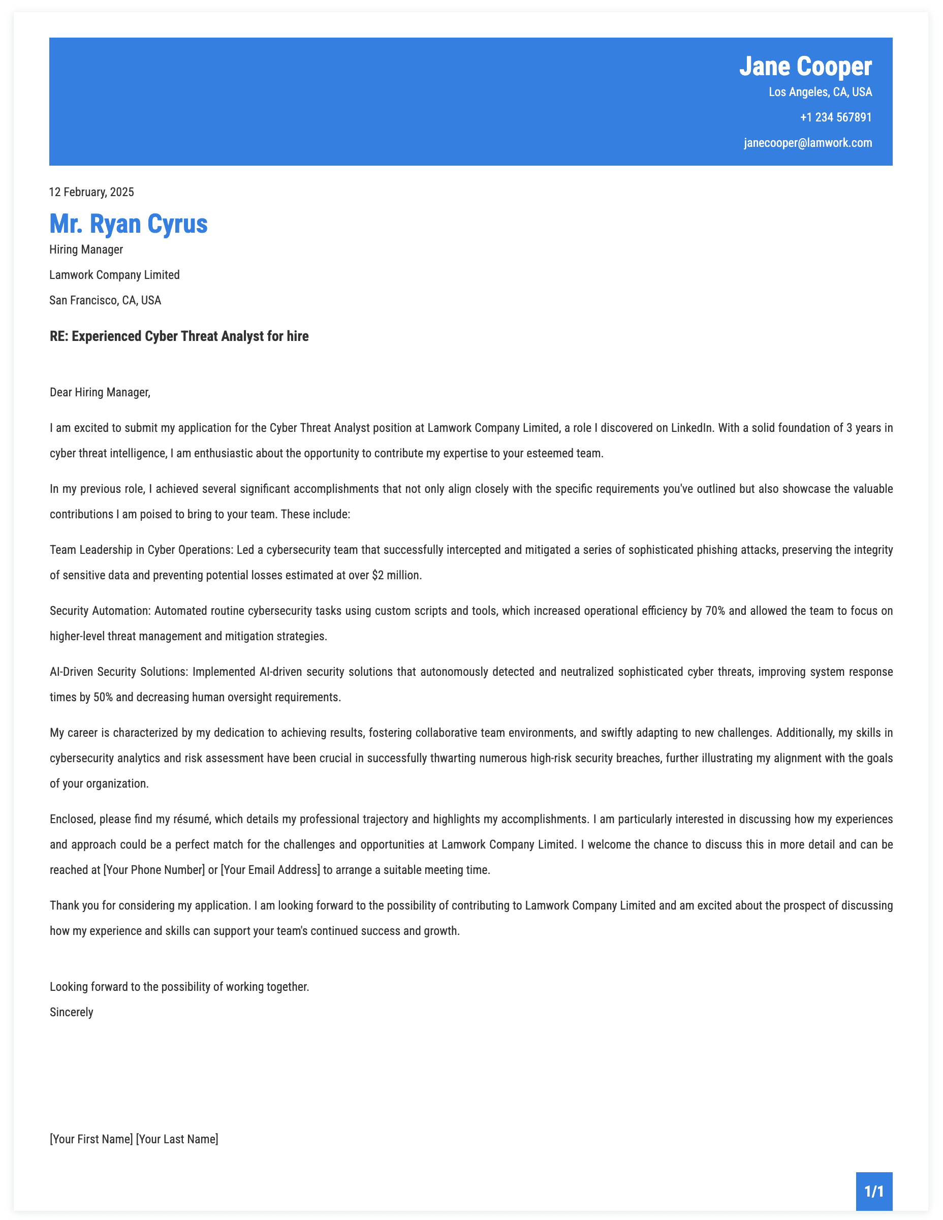 Cyber Threat Analyst Cover Letter Template