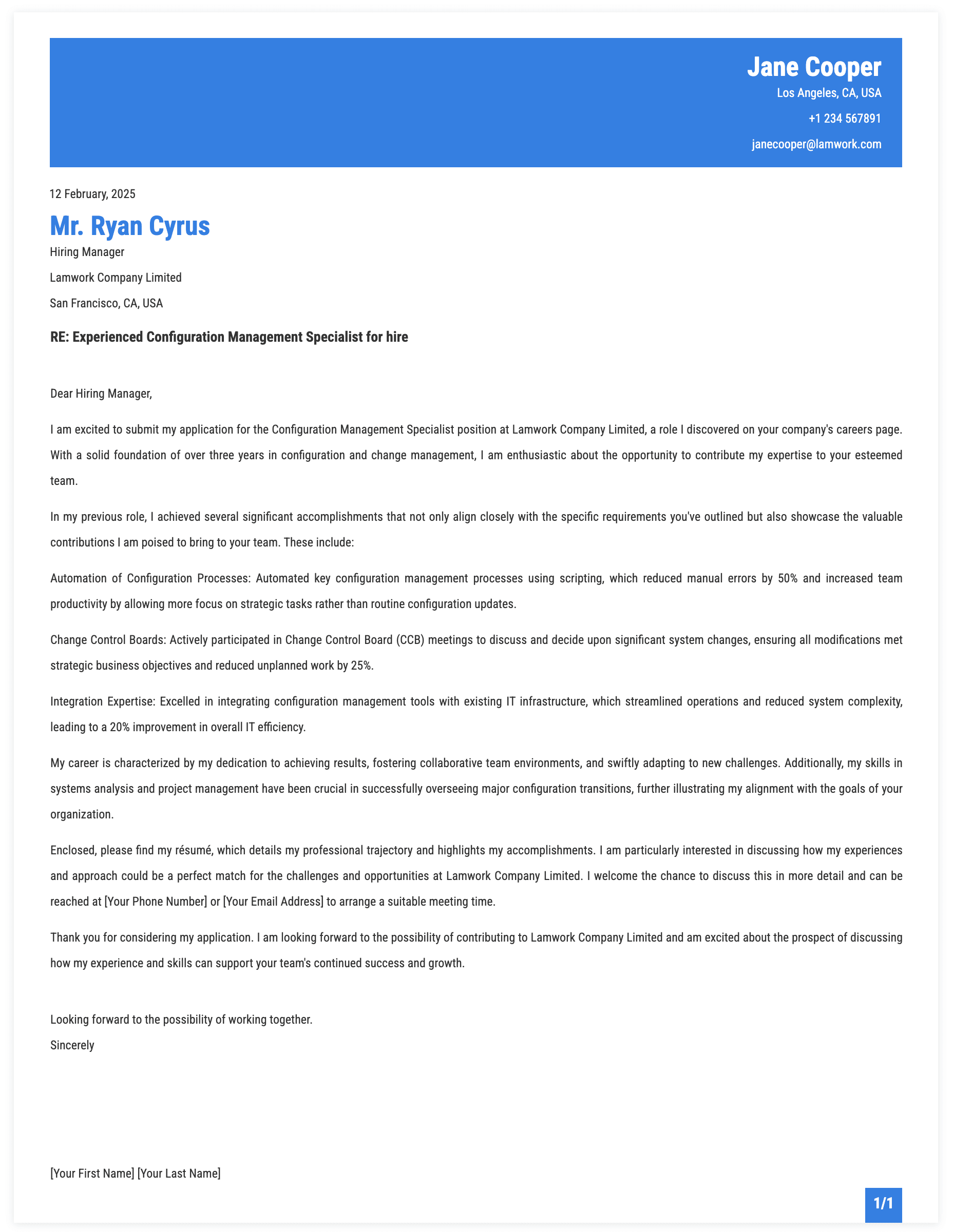 Configuration Management Specialist Cover Letter Template