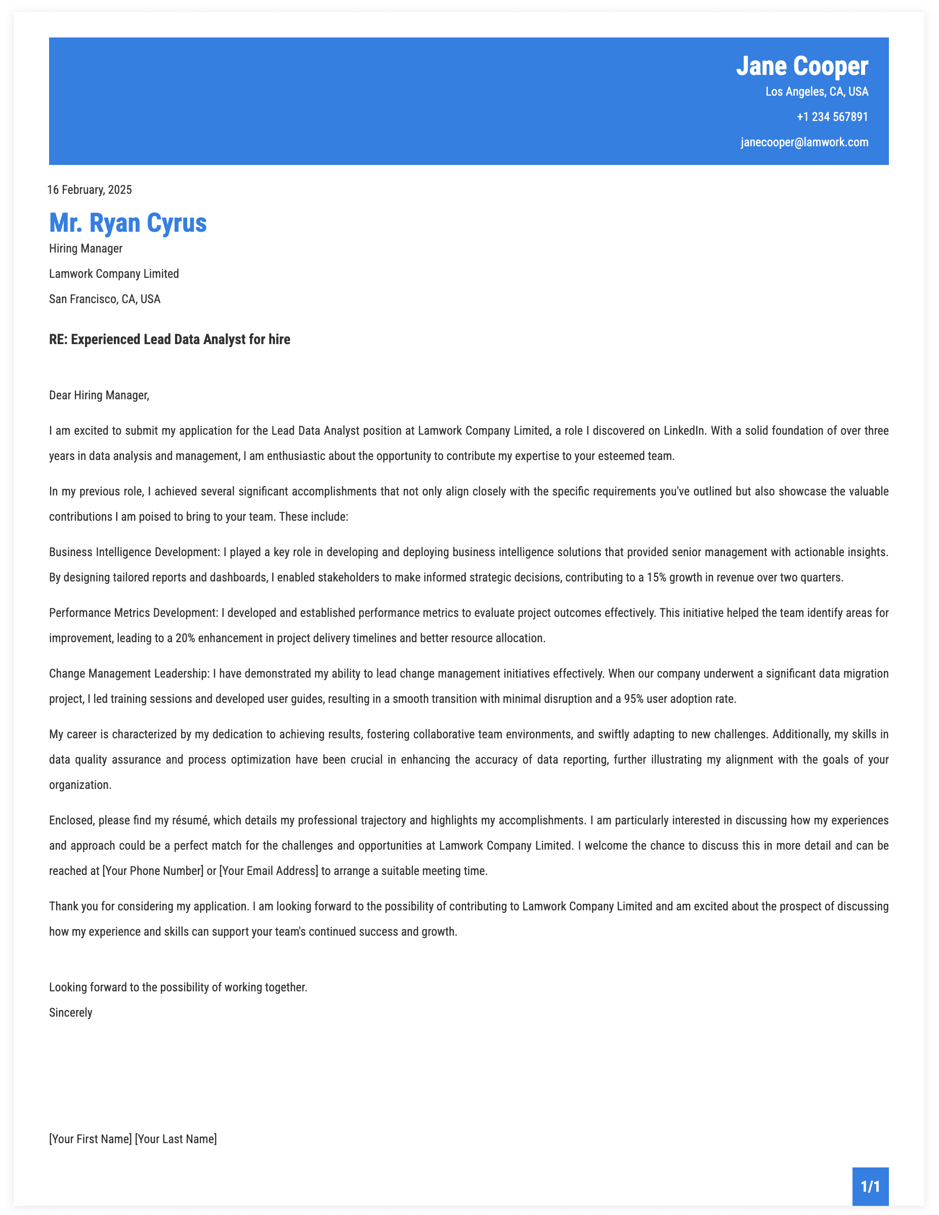 Lead Data Analyst Cover Letter Template