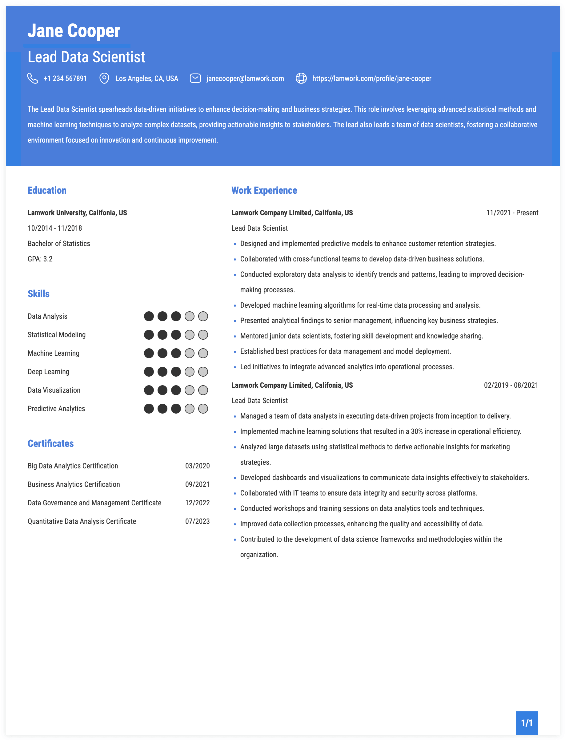 Lead Data Scientist Resume Example