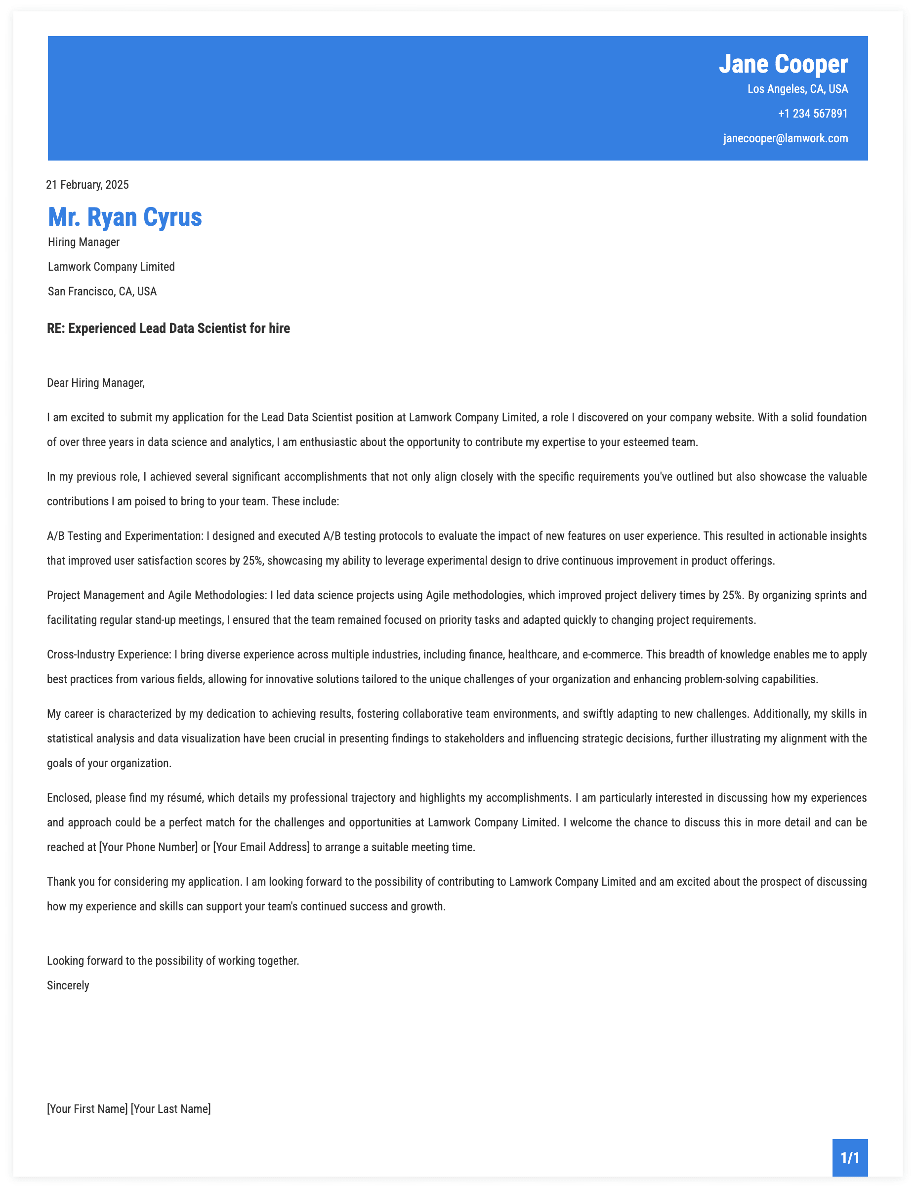 Lead Data Scientist Cover Letter Template