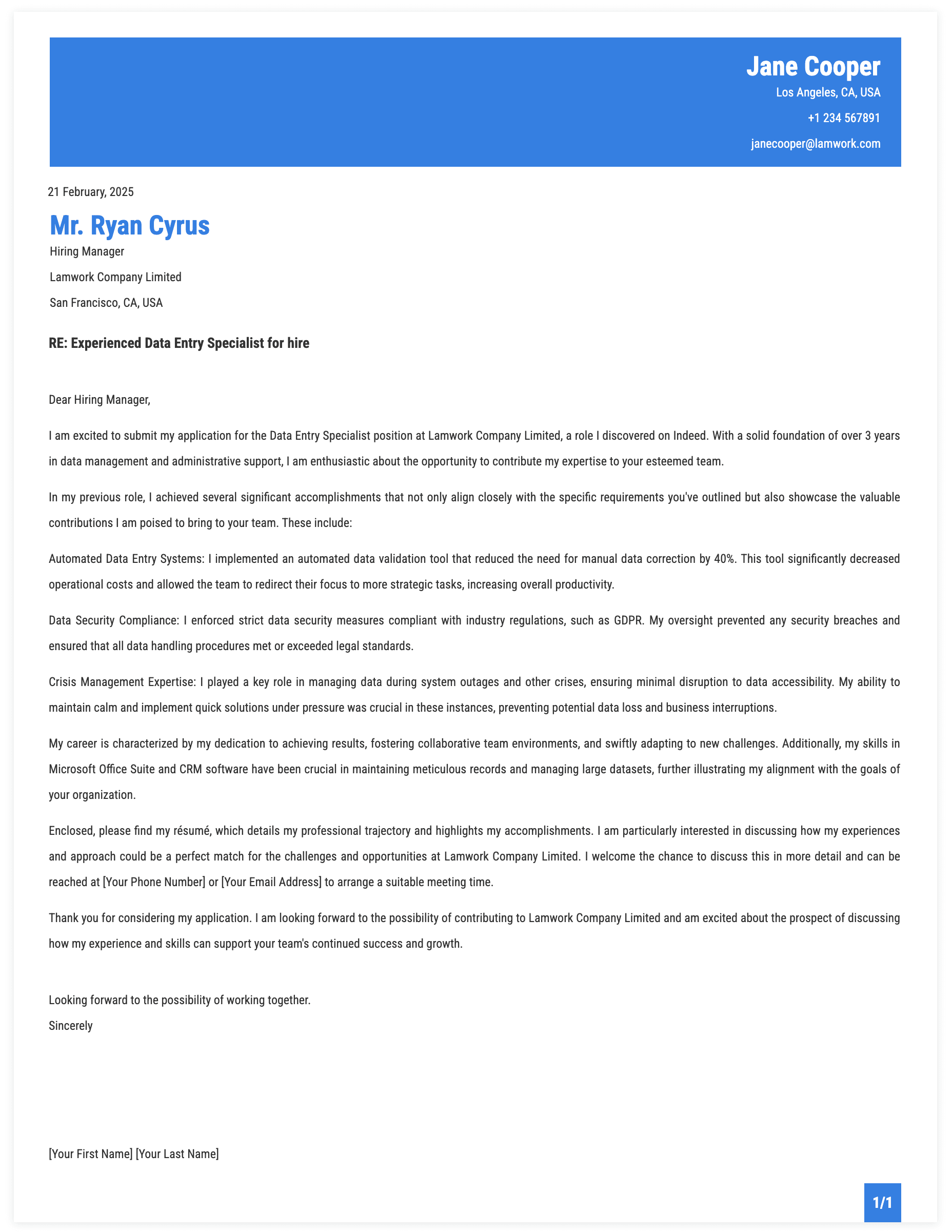 Data Entry Specialist Cover Letter Template