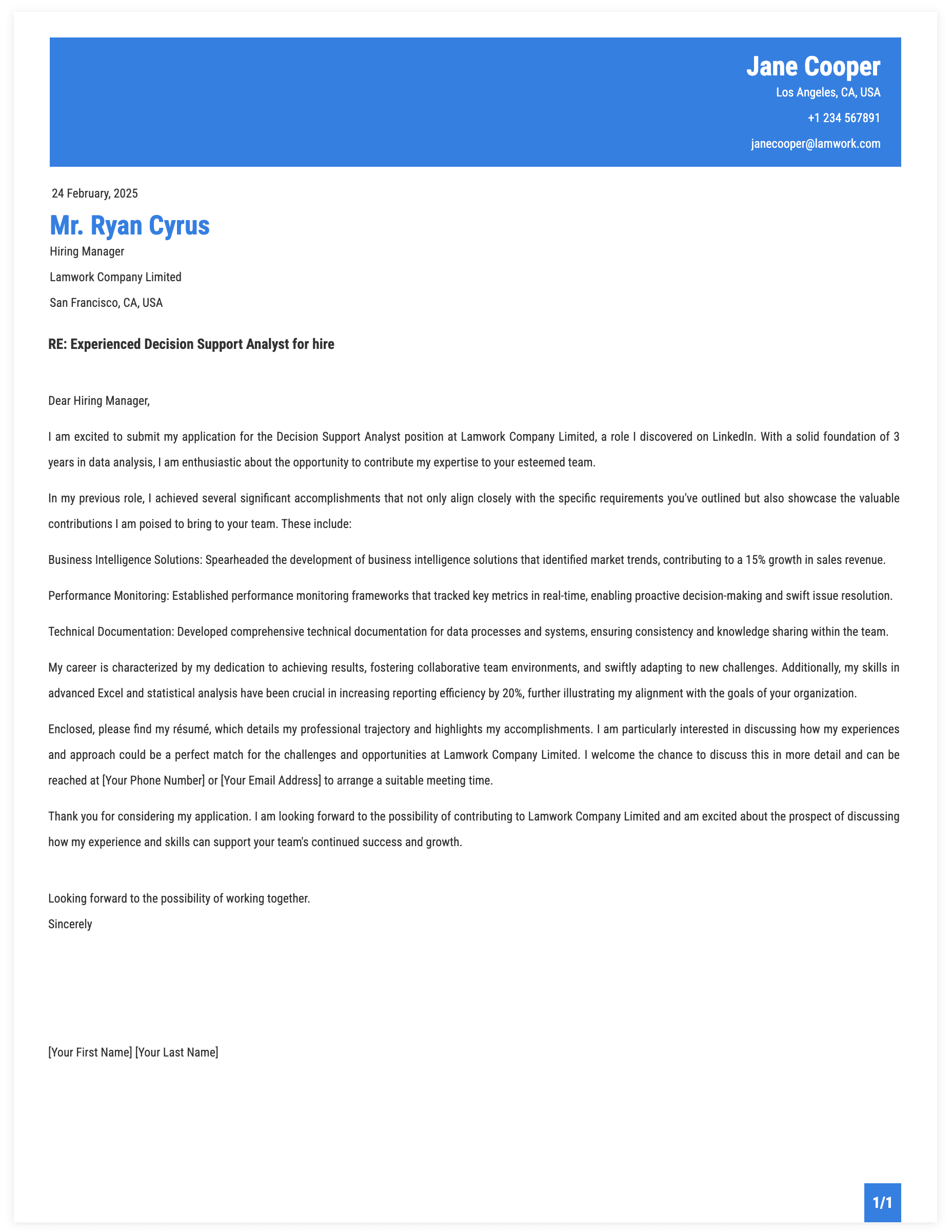 Decision Support Analyst Cover Letter Template
