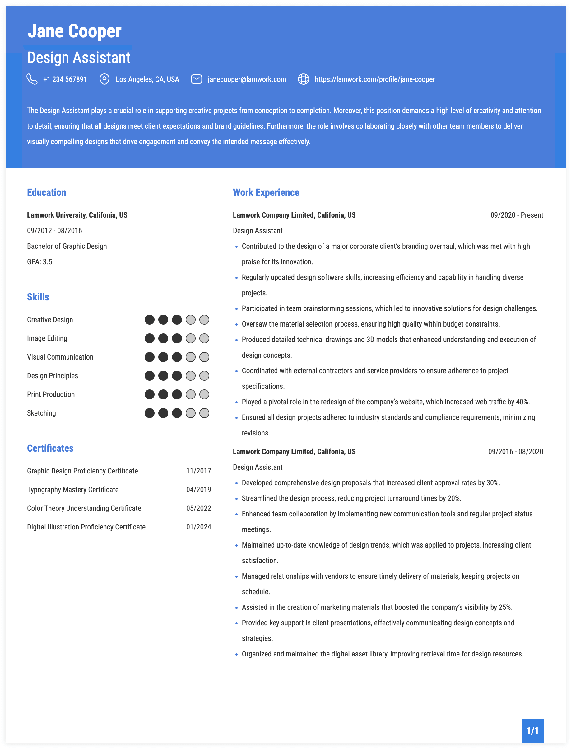 Design Assistant Resume Example