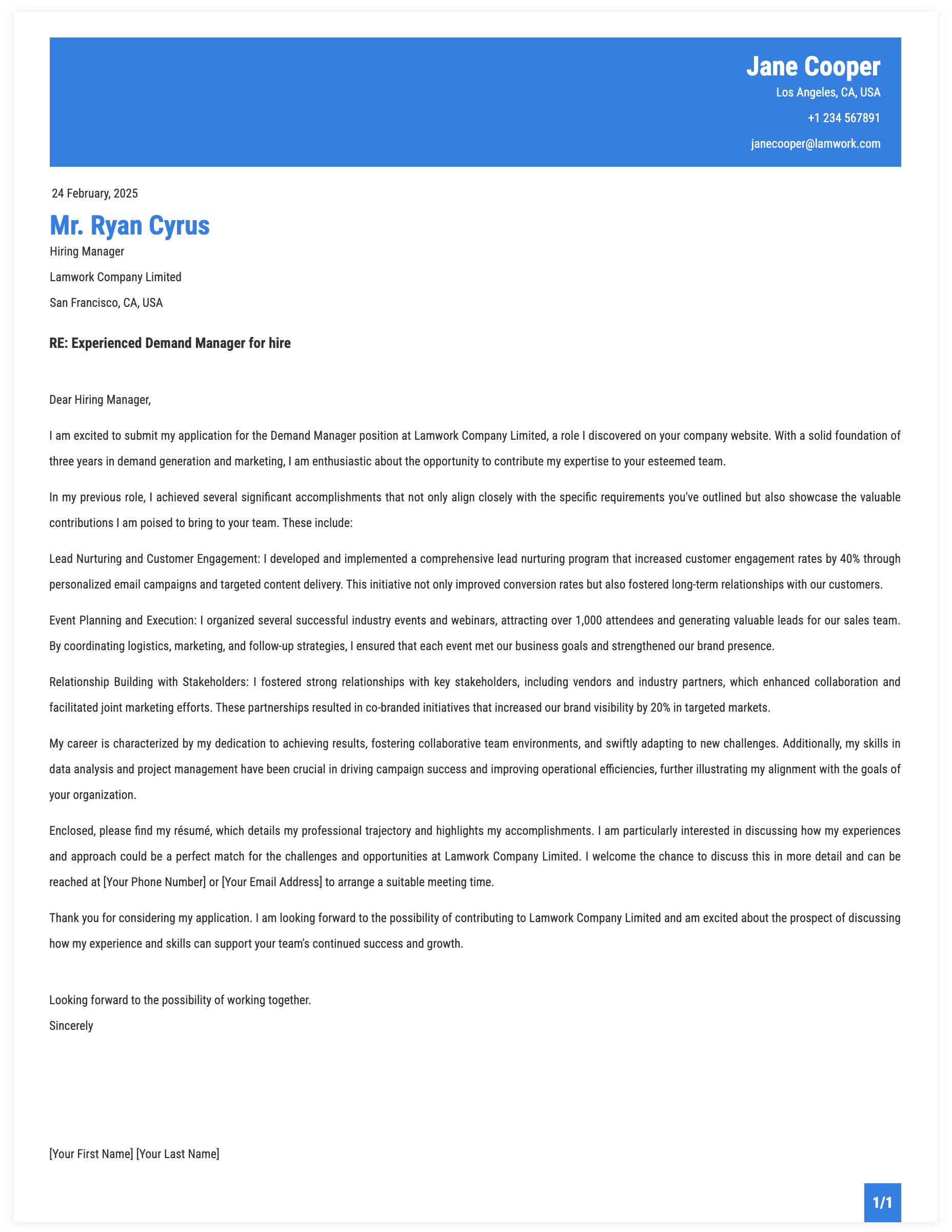 Demand Manager Cover Letter Template