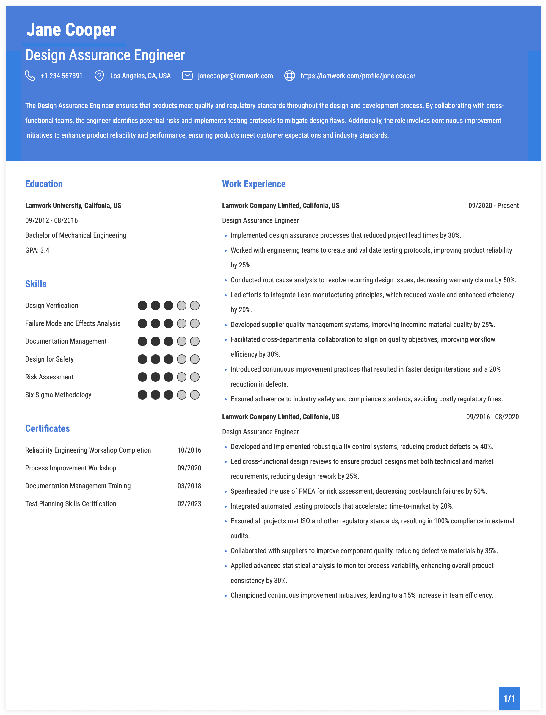 Design Assurance Engineer Resume Example