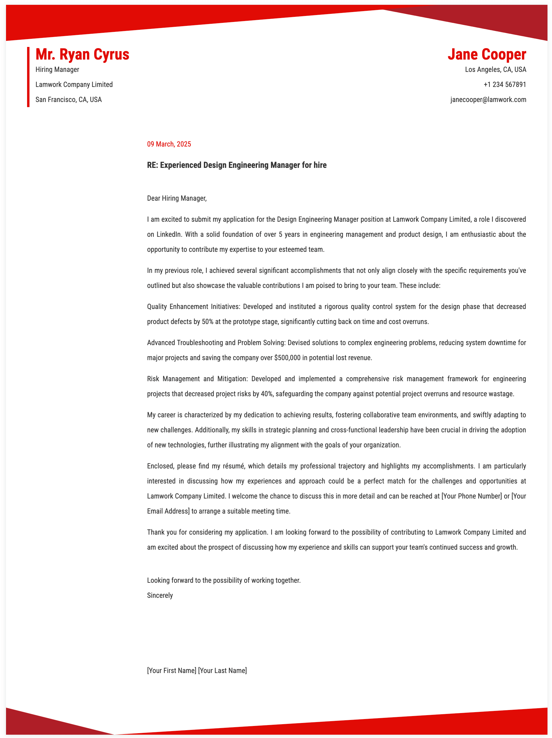 Design Engineering Manager Cover Letter Template