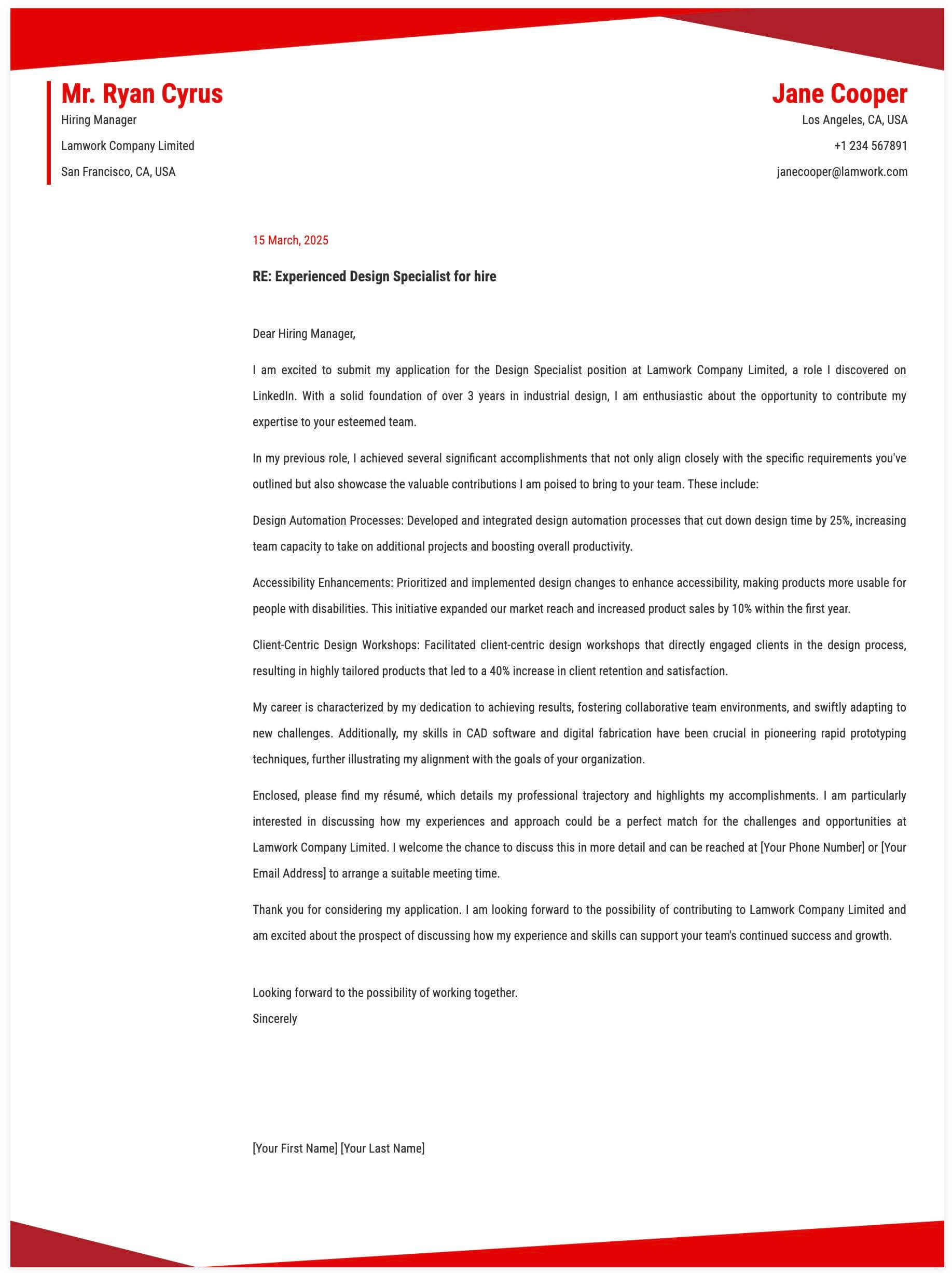 Design Specialist Cover Letter Template
