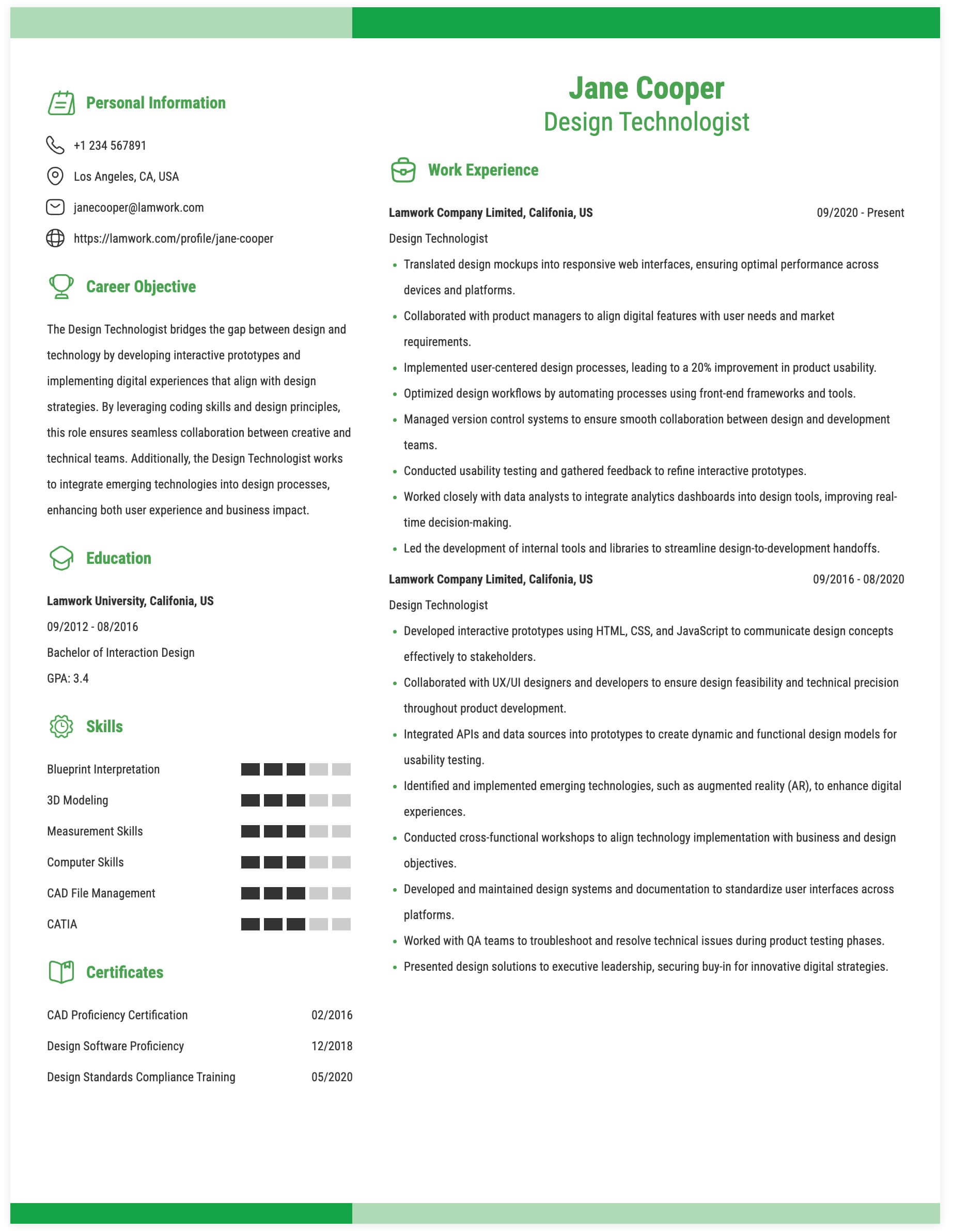 Design Technologist Resume Example