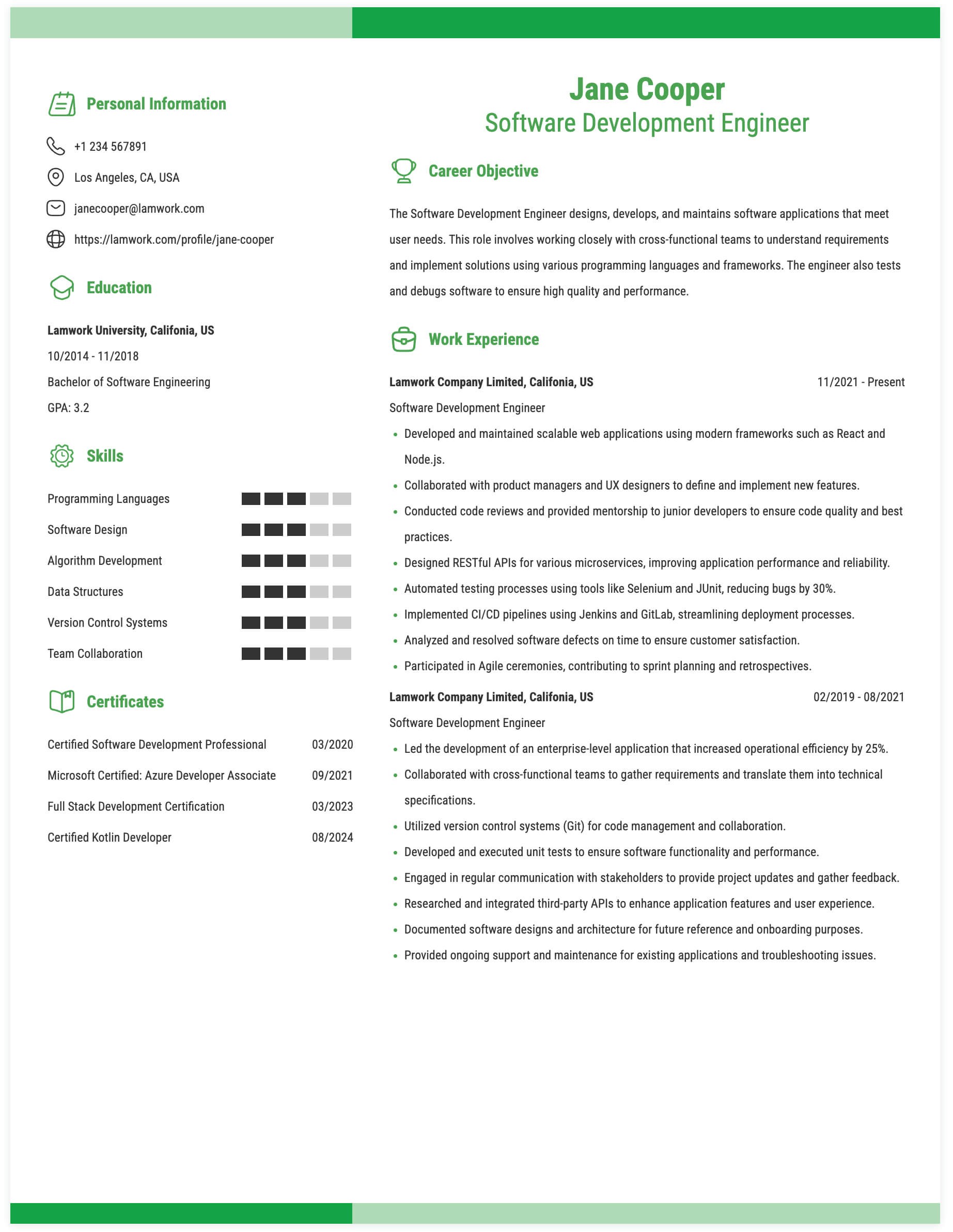 Software Development Engineer Resume Example