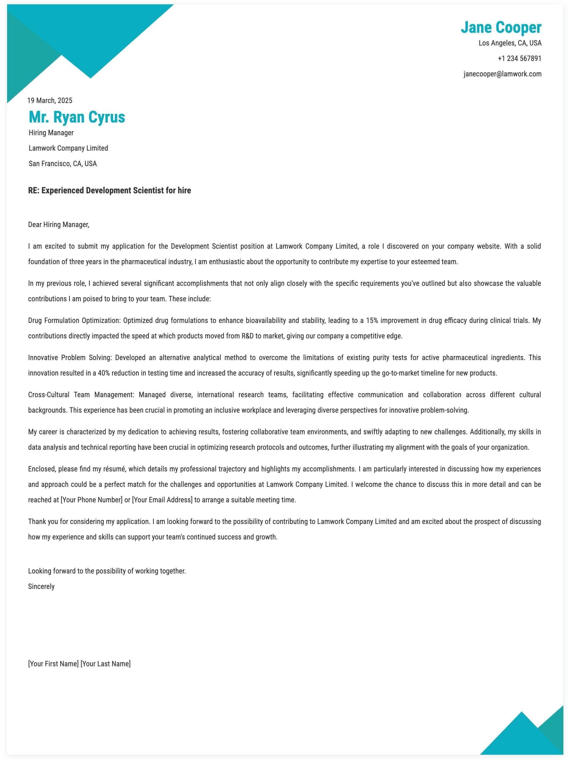 Development Scientist Cover Letter Template