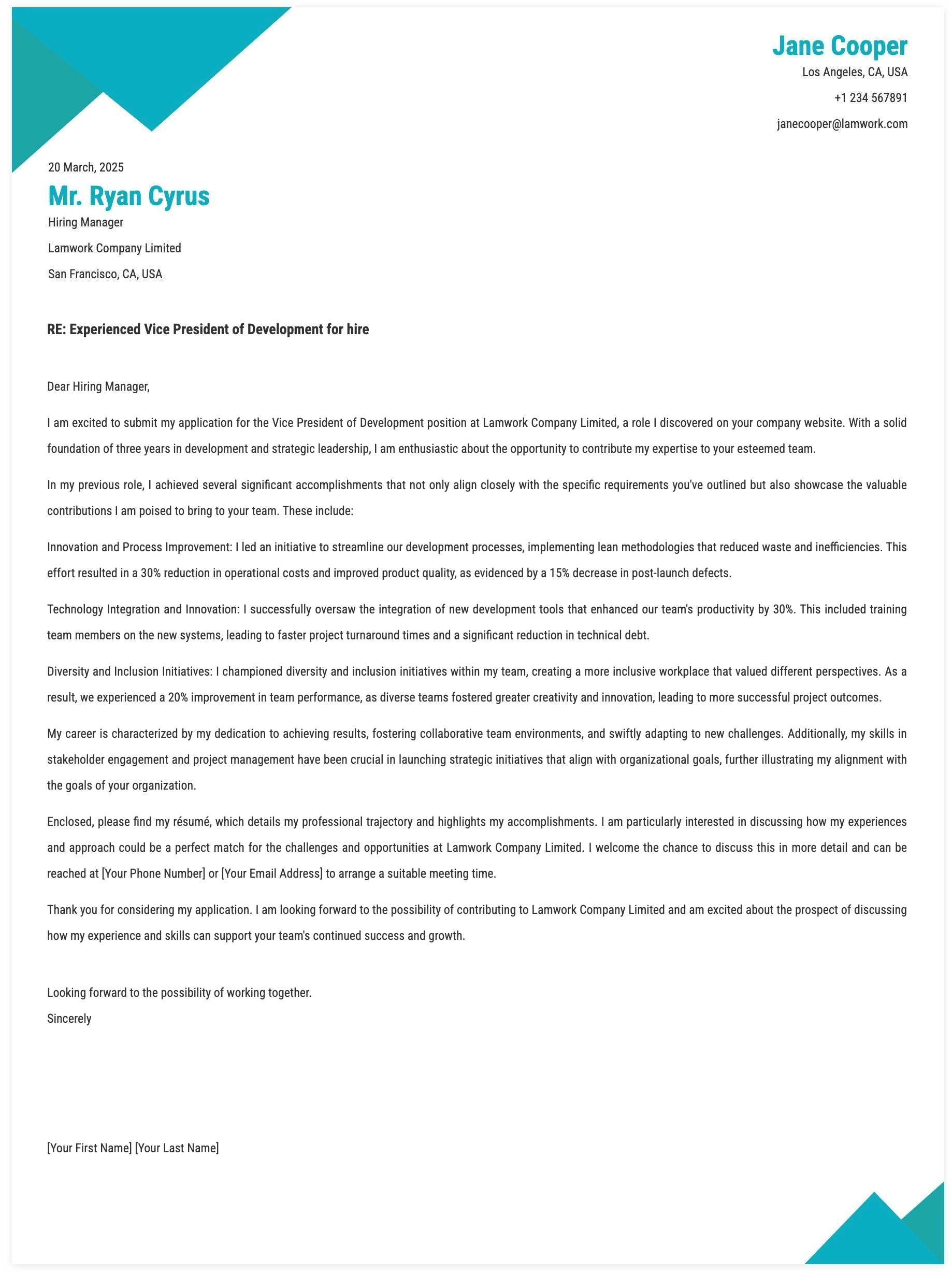Vice President of Development Cover Letter Template