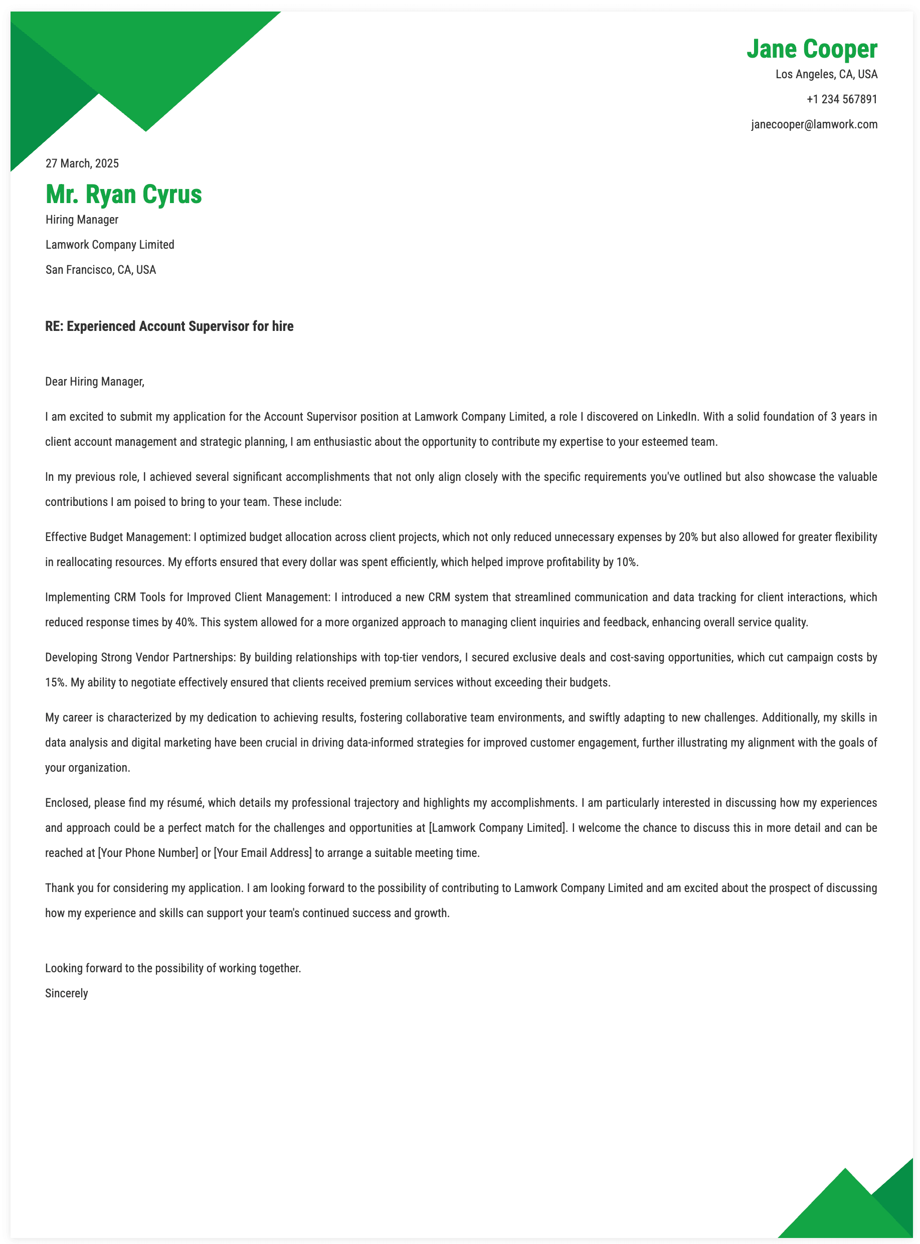 Account Supervisor Cover Letter Template