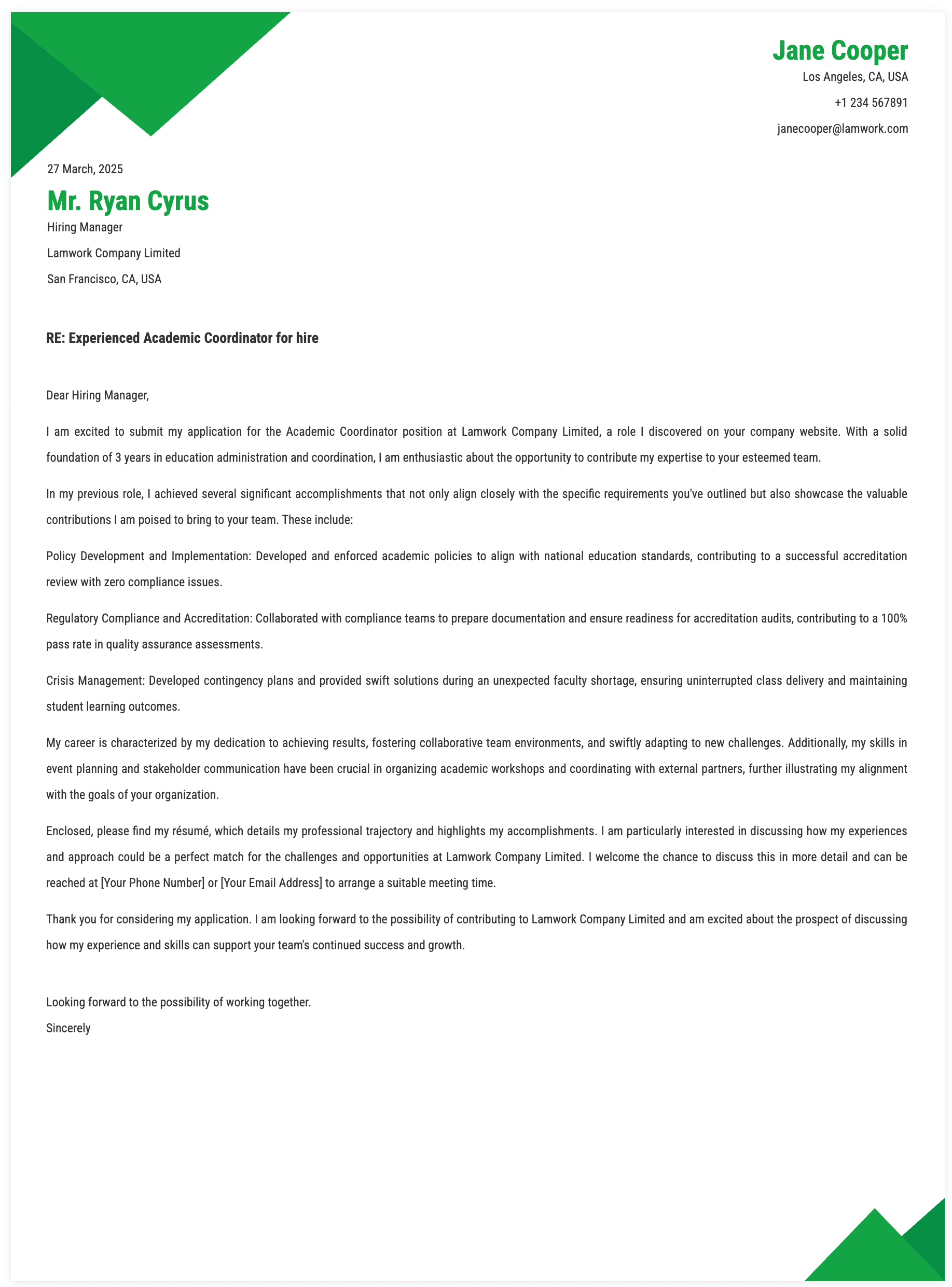 Academic Coordinator Cover Letter Template