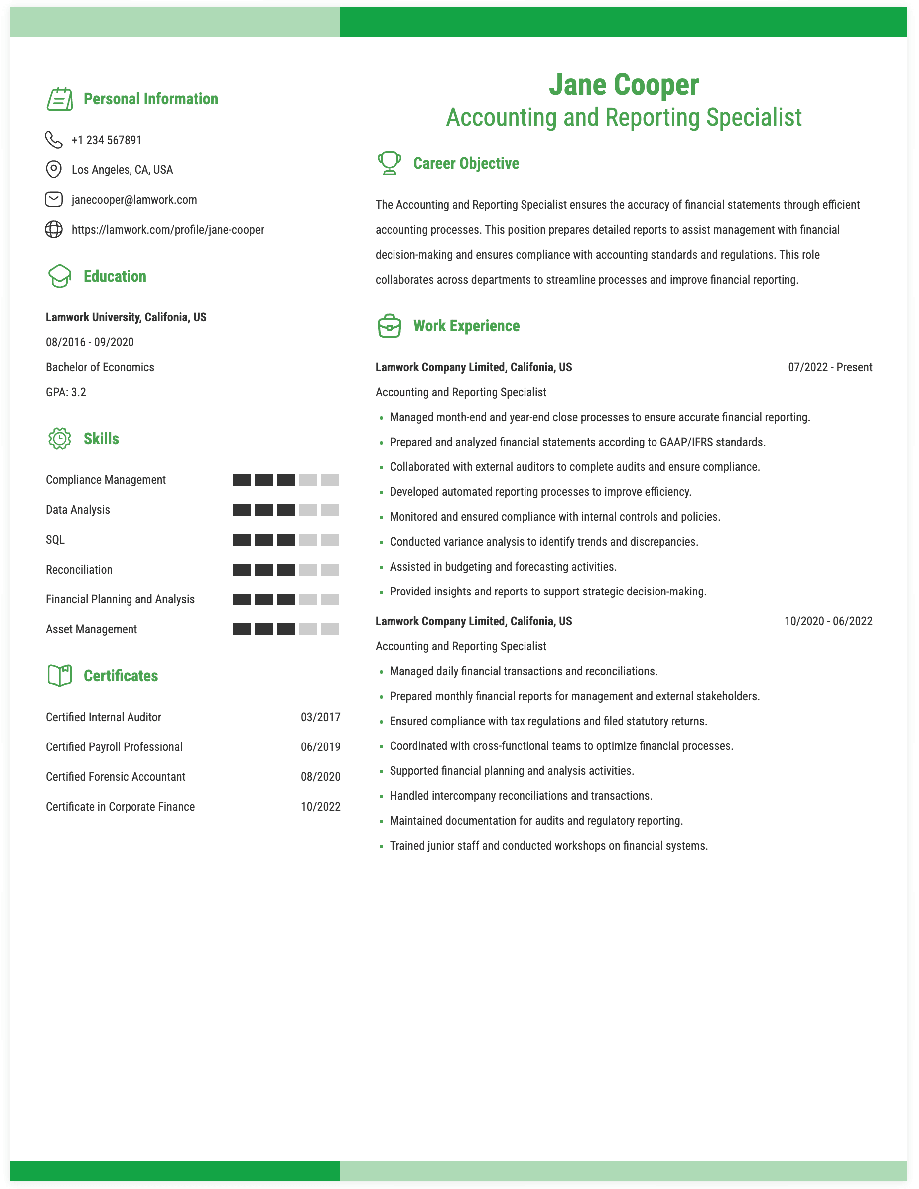 Accounting and Reporting Specialist Resume Example