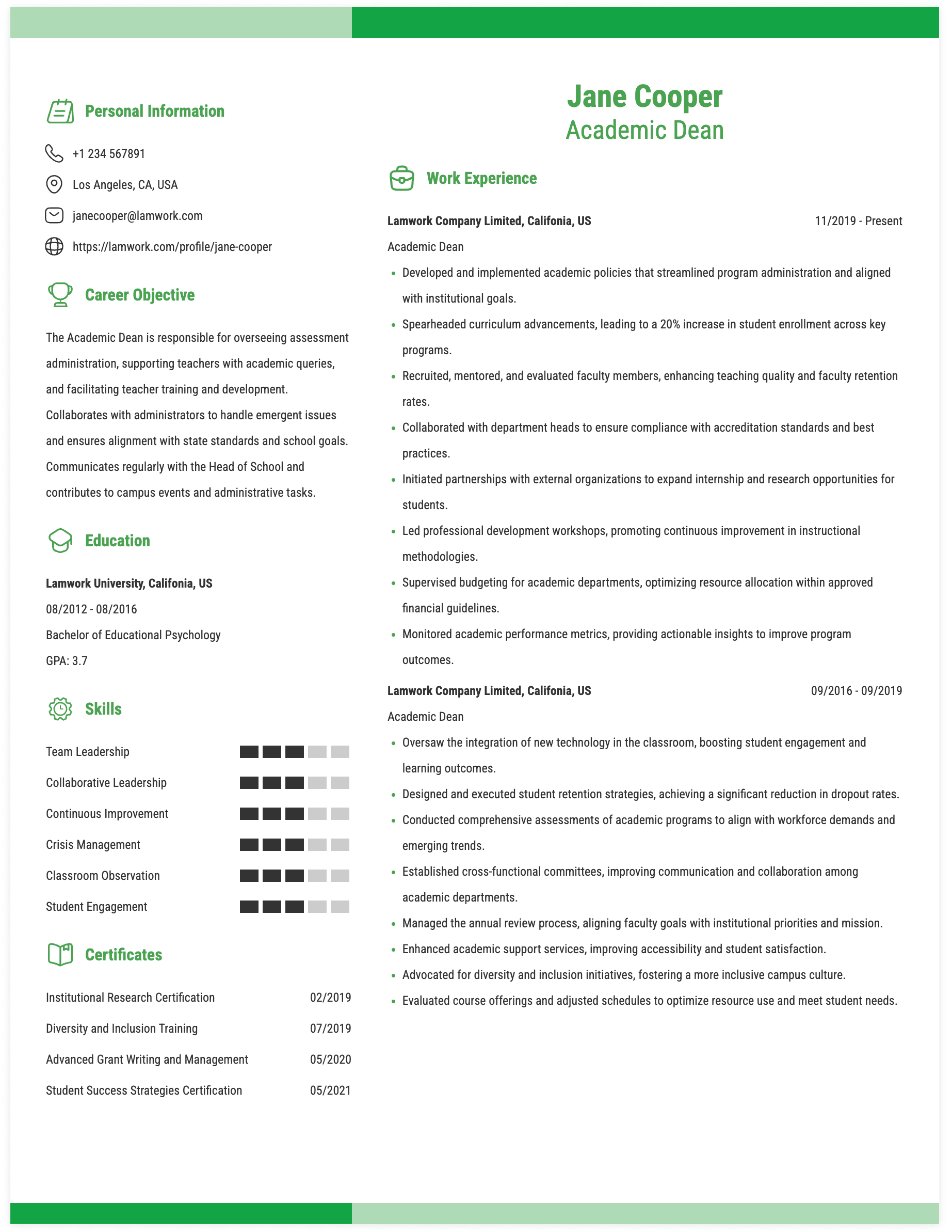 Academic Dean Resume Example
