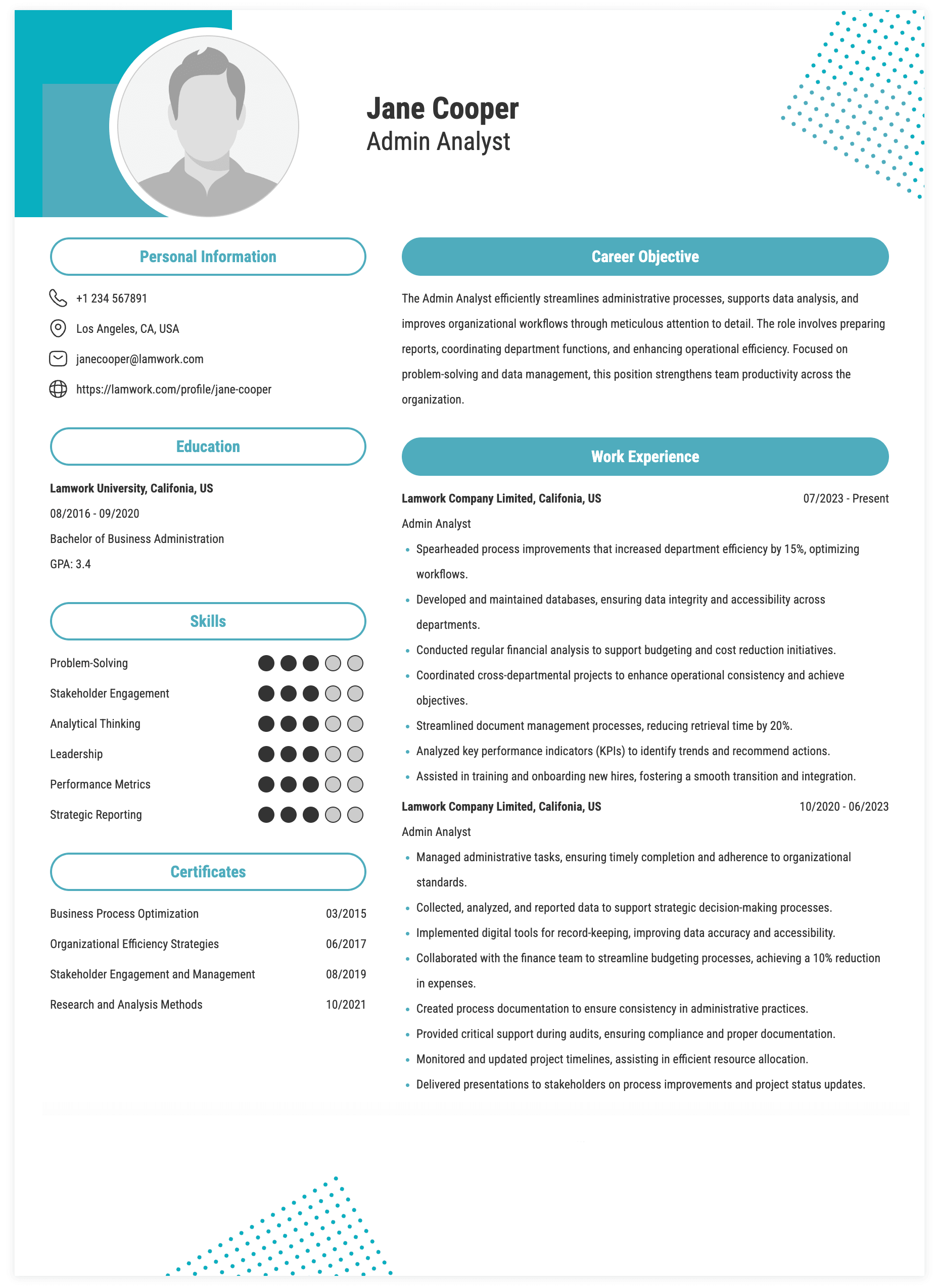 Administration Analyst Resume Example