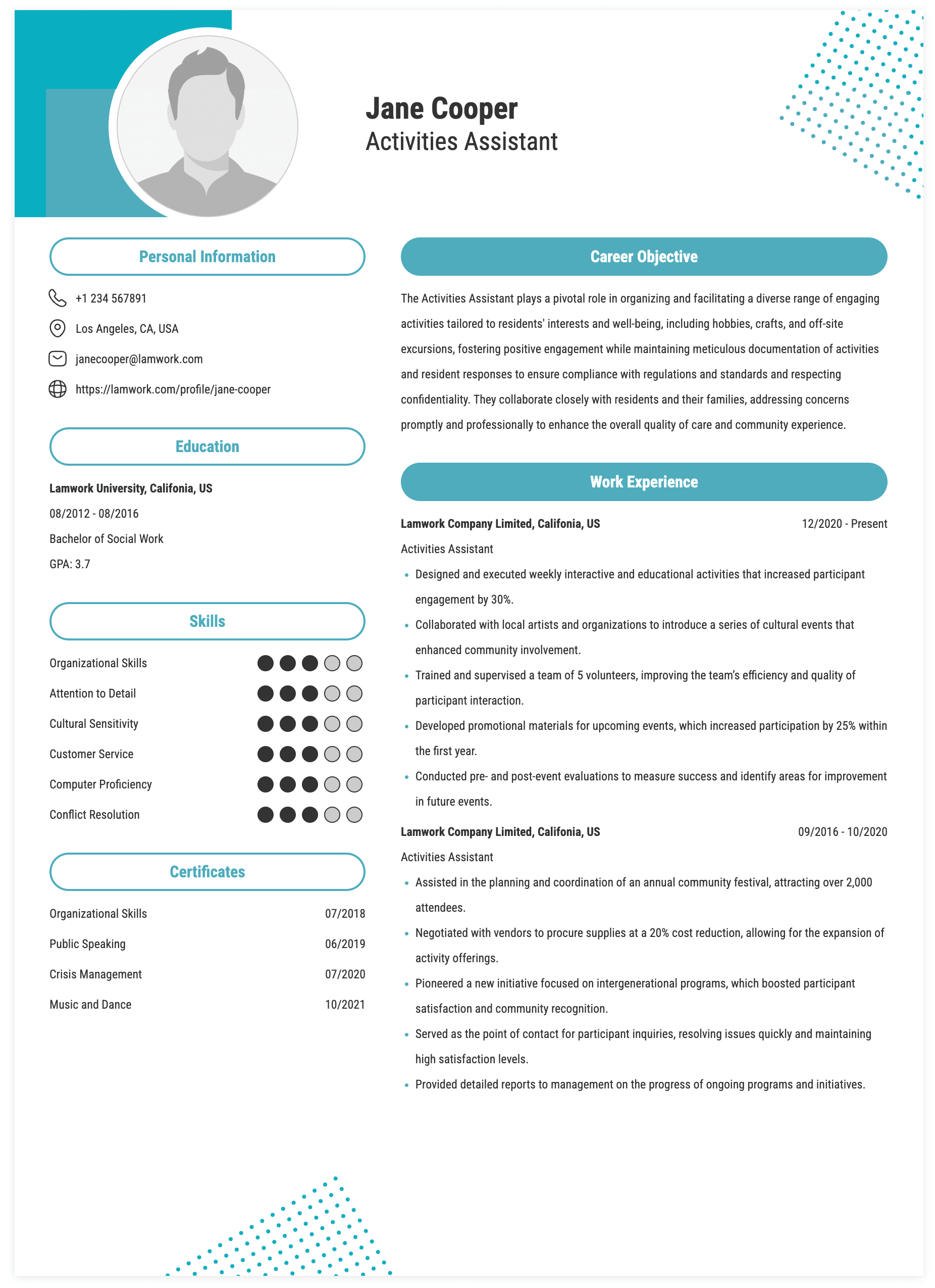 Activities Assistant Resume Example