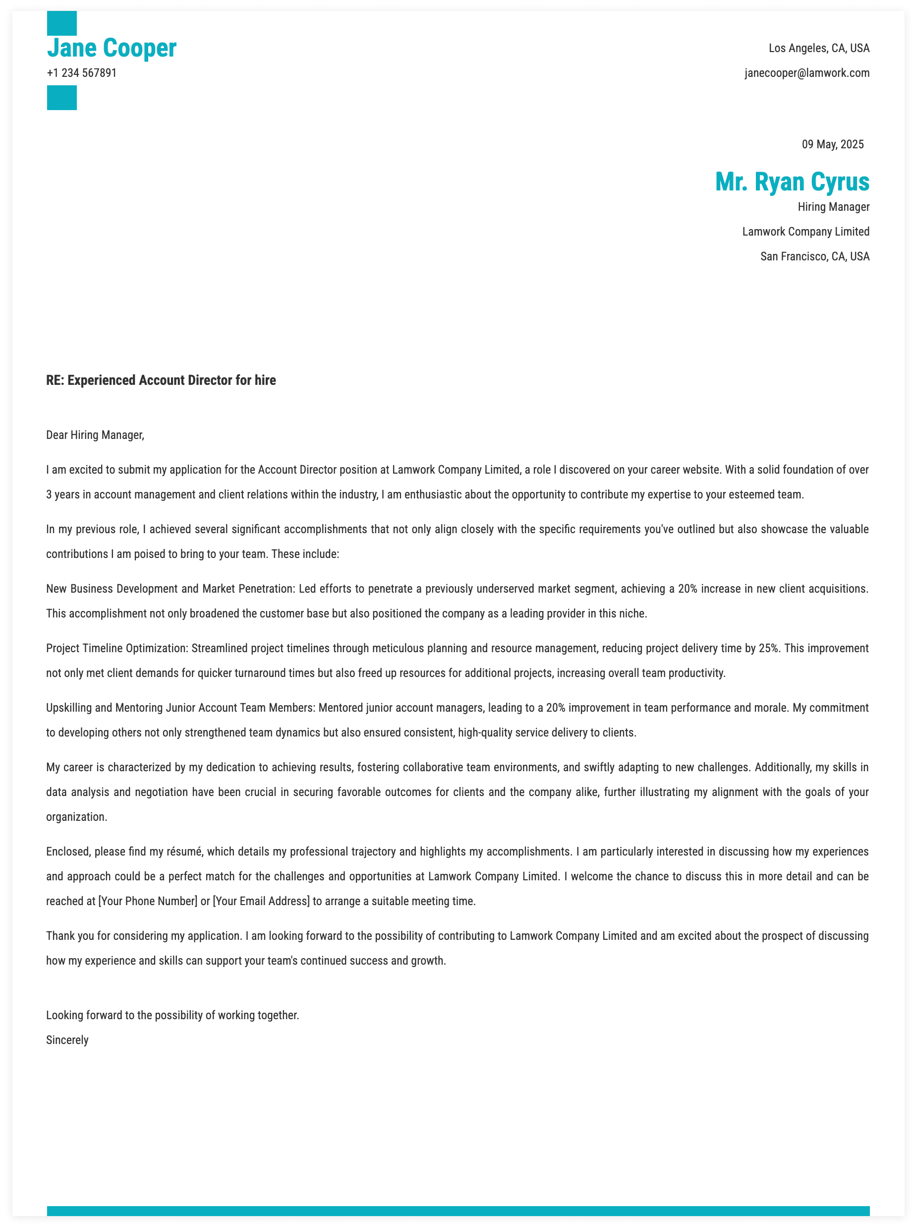Account Director Cover Letter Template