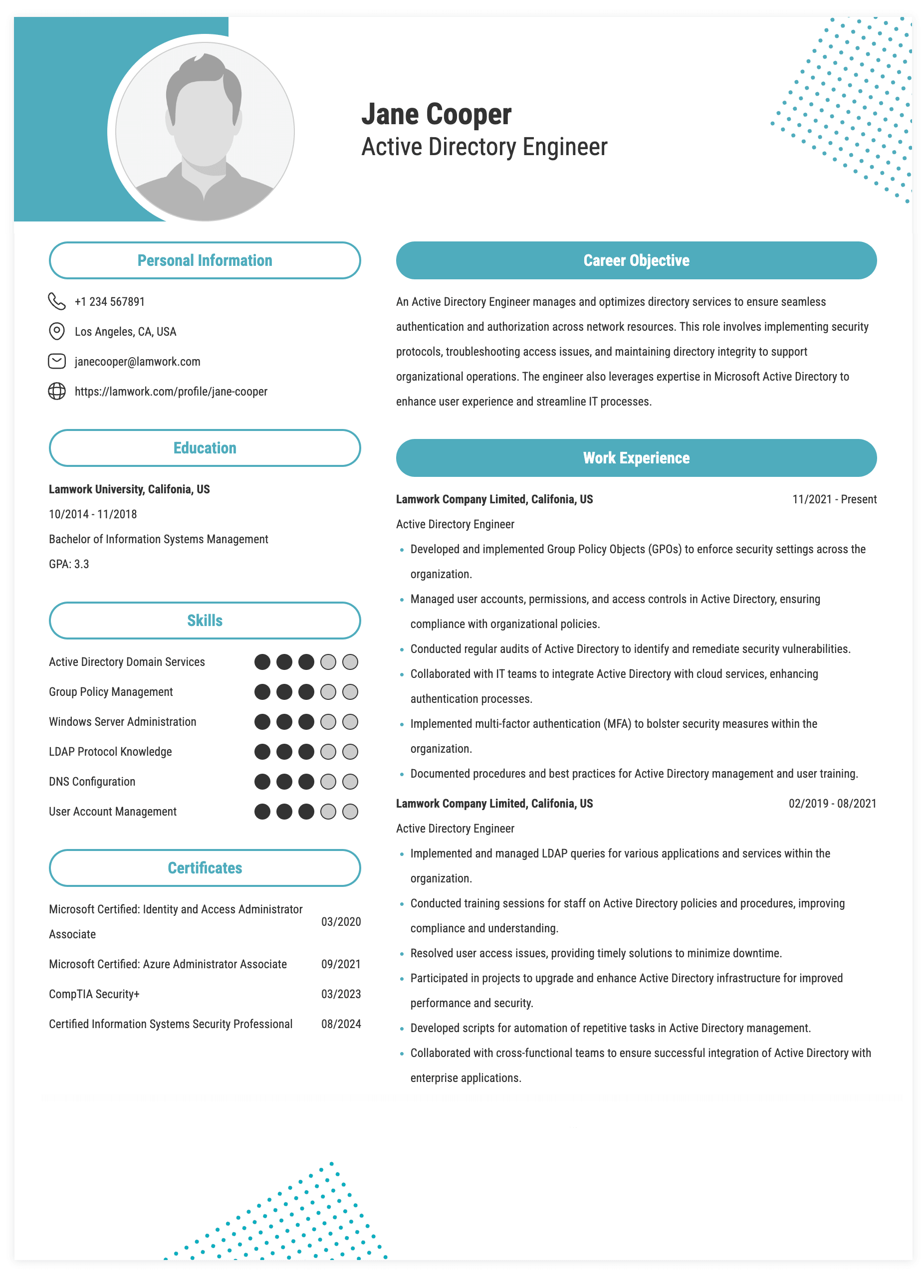 Active Directory Engineer Resume Example