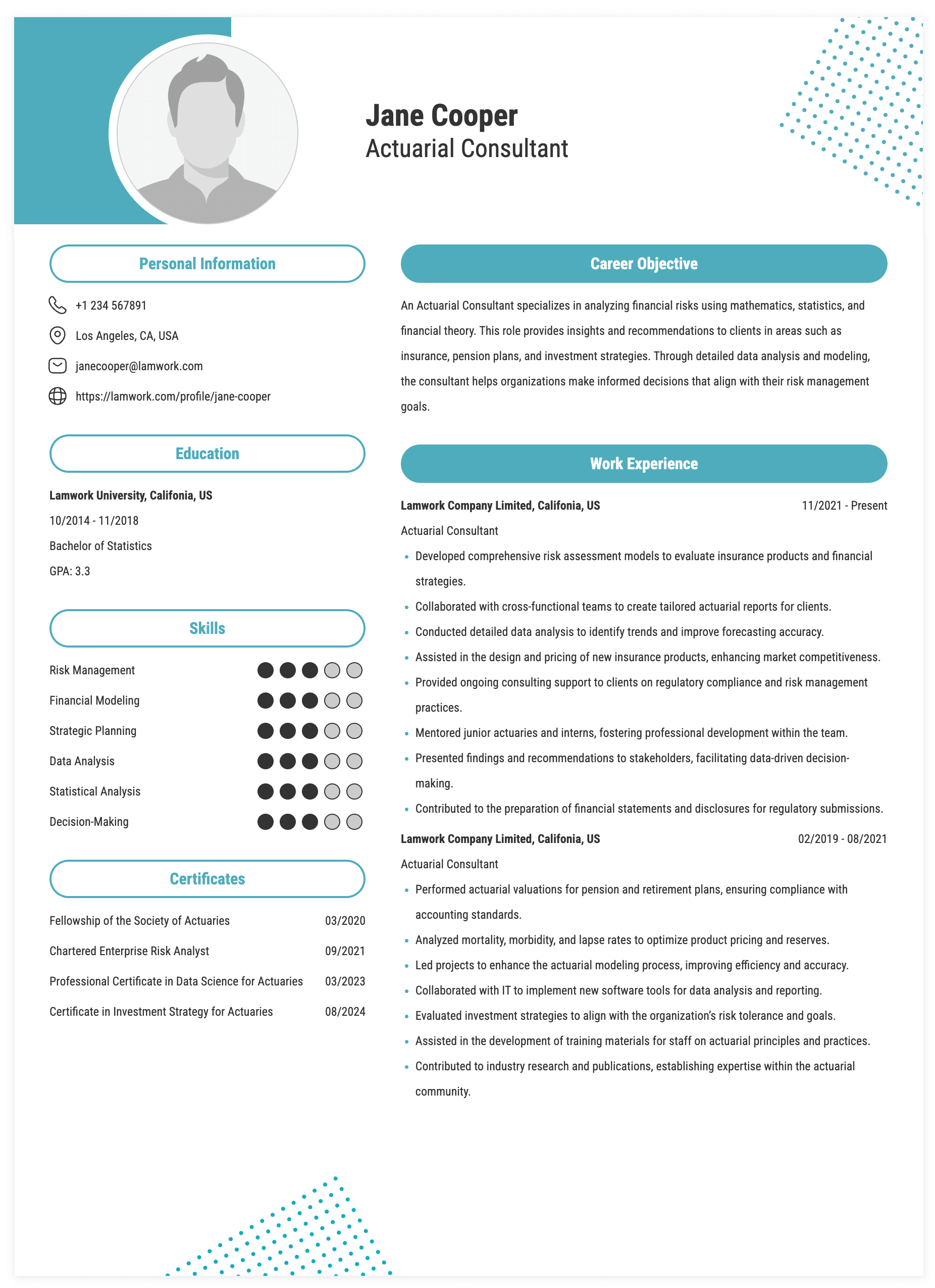 Actuarial Consultant Resume Example