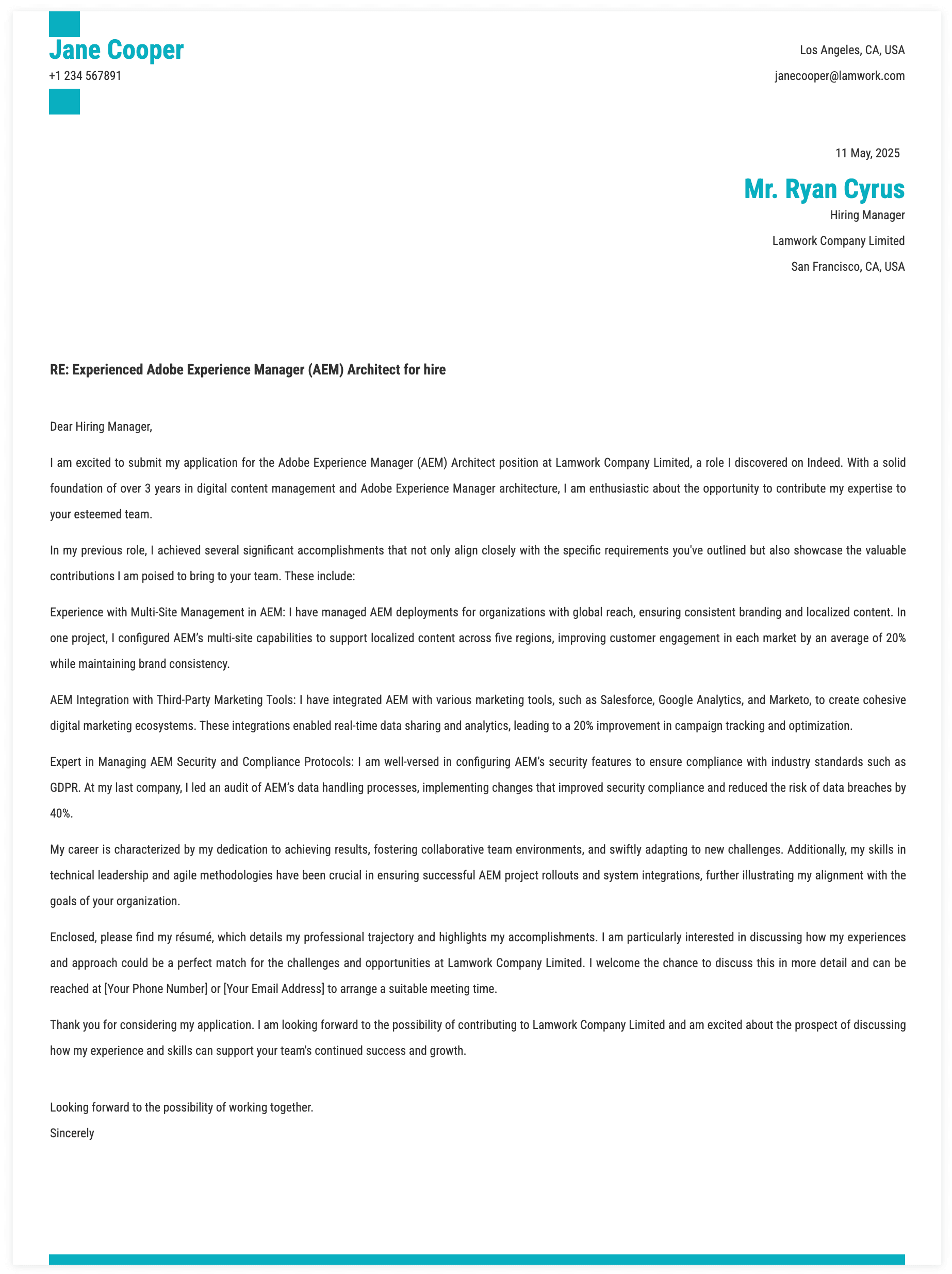 Adobe Experience Manager Architect Cover Letter Template