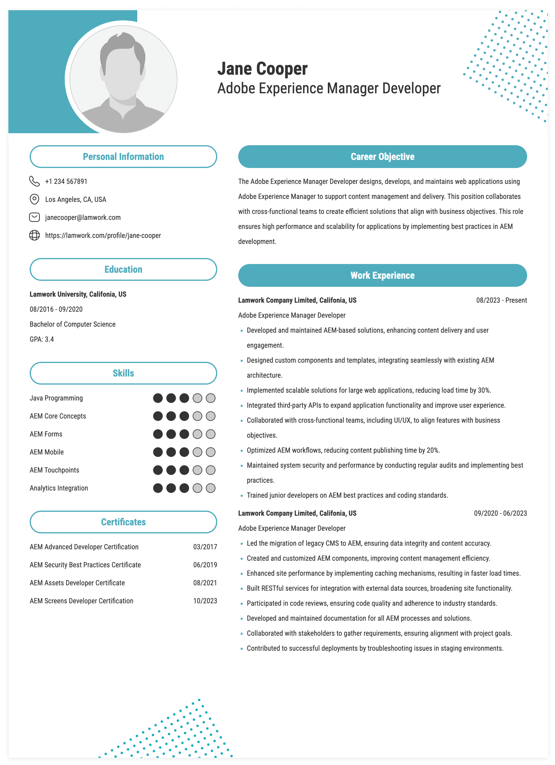 Adobe Experience Manager Developer Resume Example