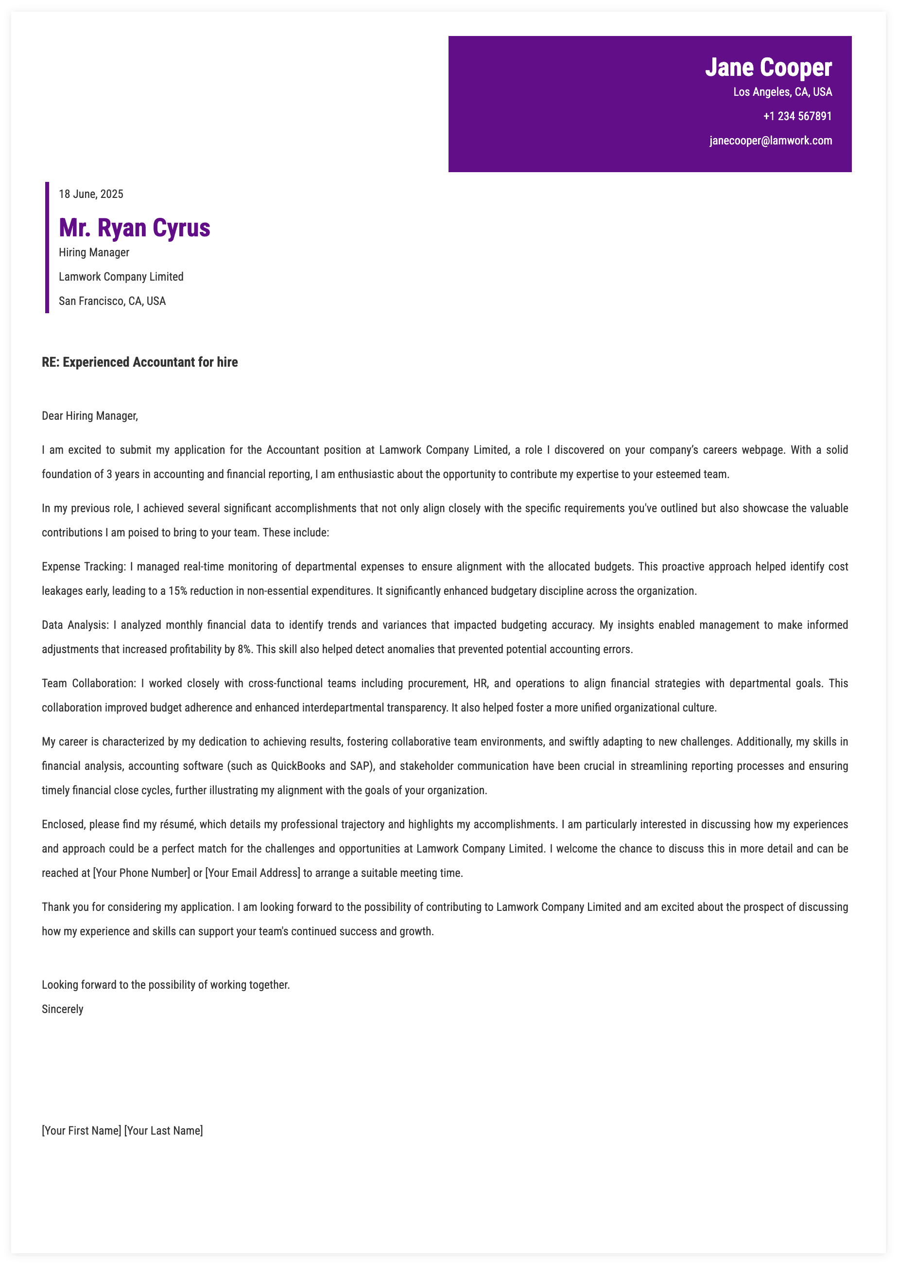 Accountant Cover Letter Template