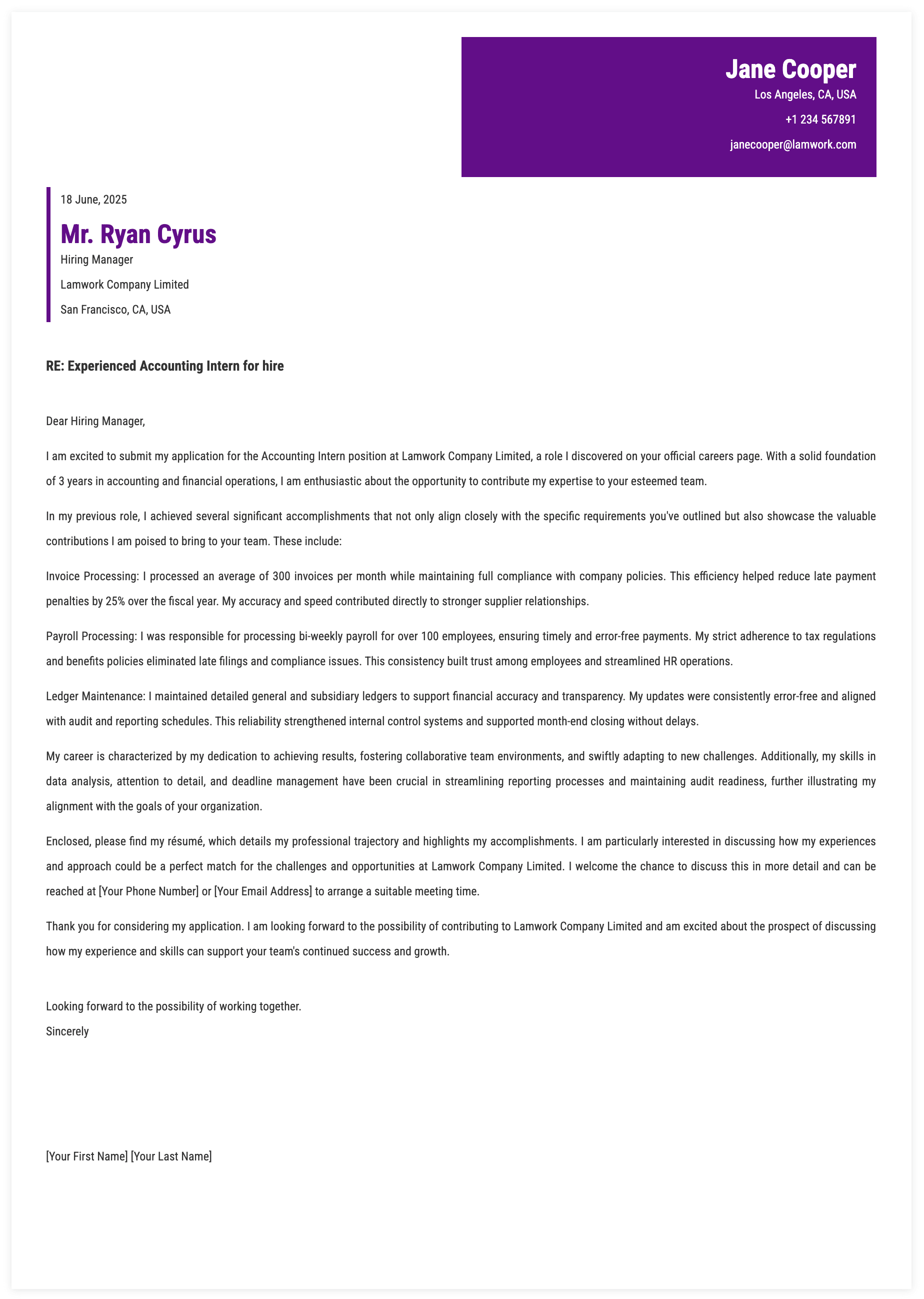 Accounting Intern Cover Letter Template