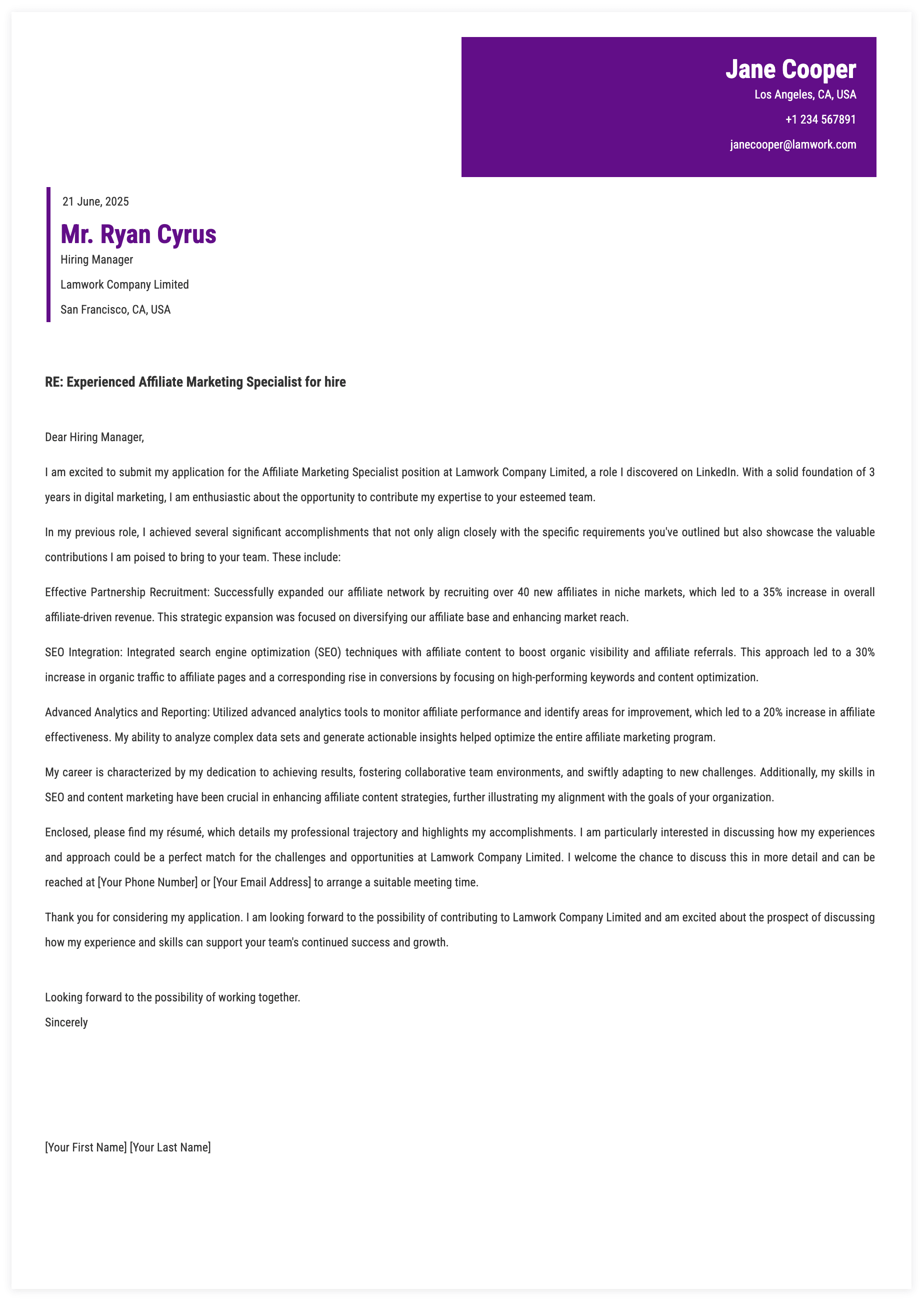 Affiliate Marketing Specialist Cover Letter Template