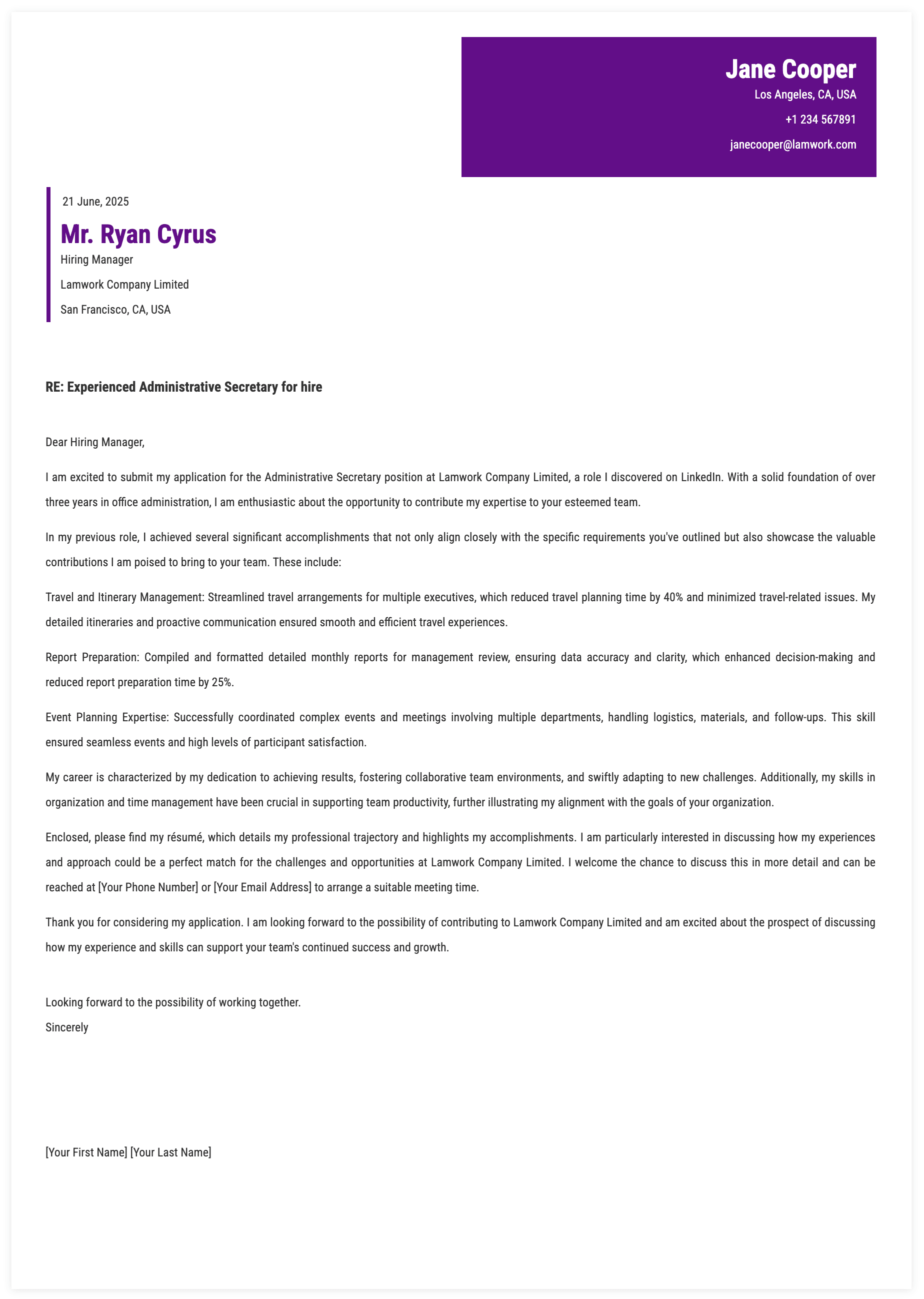 Administrative Secretary Cover Letter Template