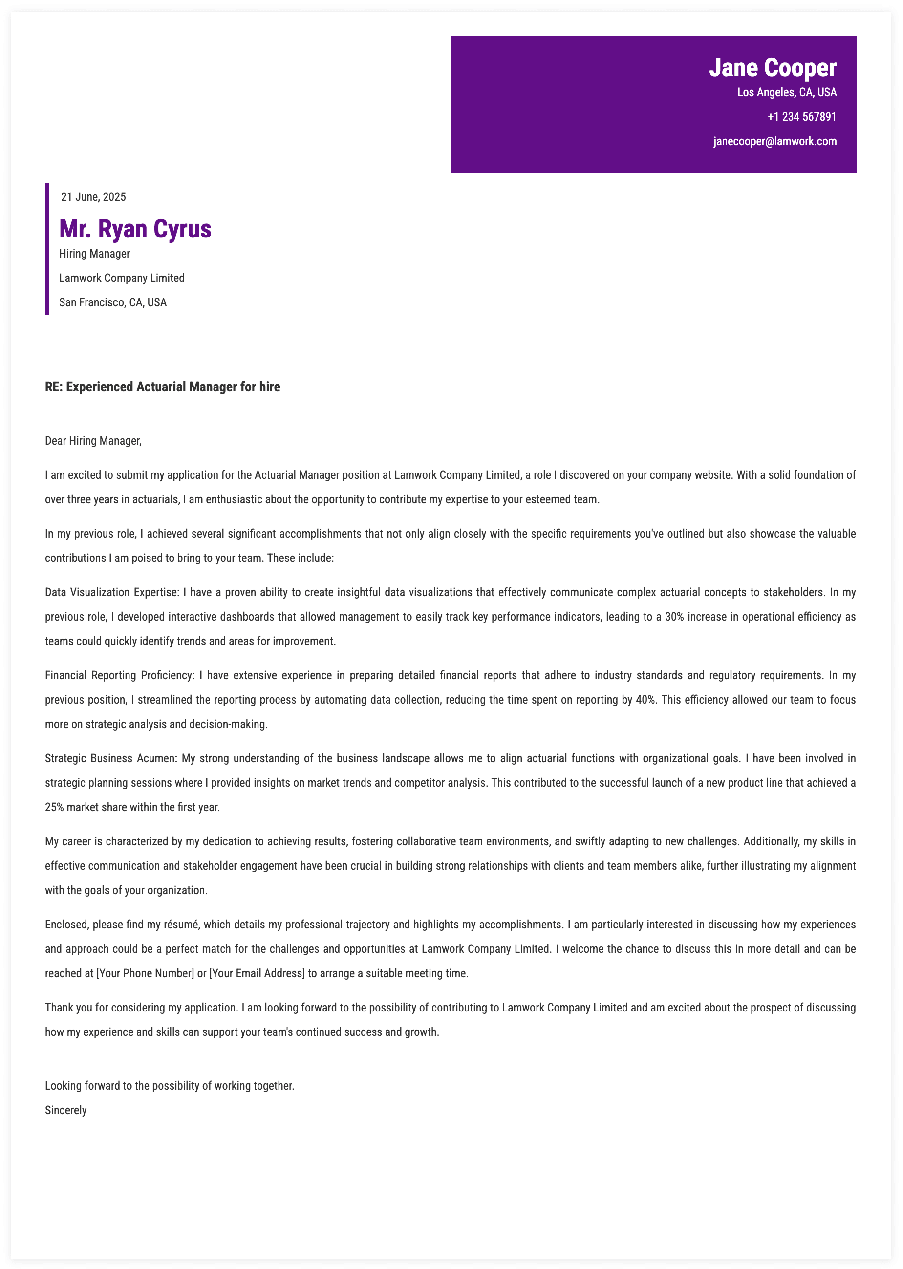 Actuarial Manager Cover Letter Template