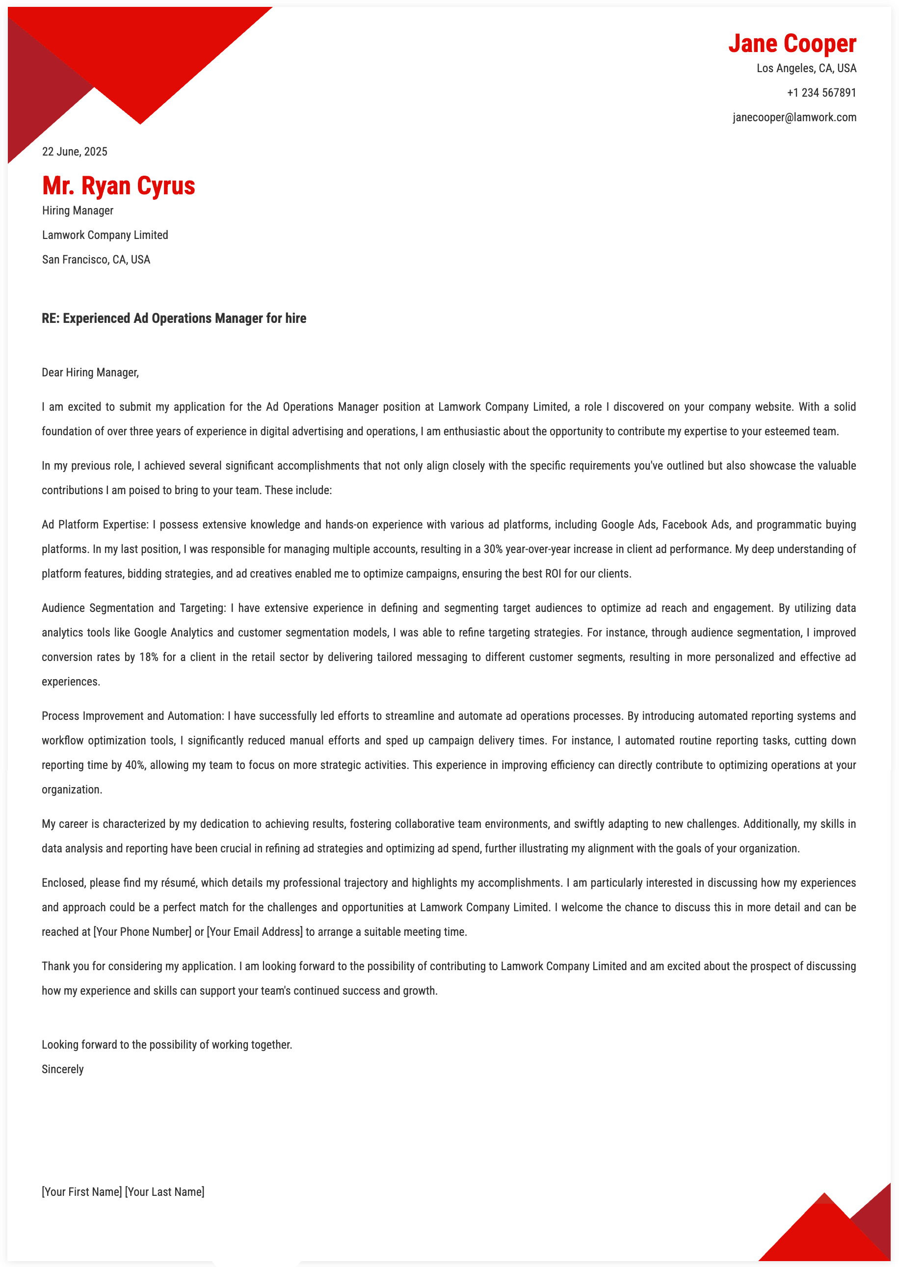 Ad Operations Manager Cover Letter Template
