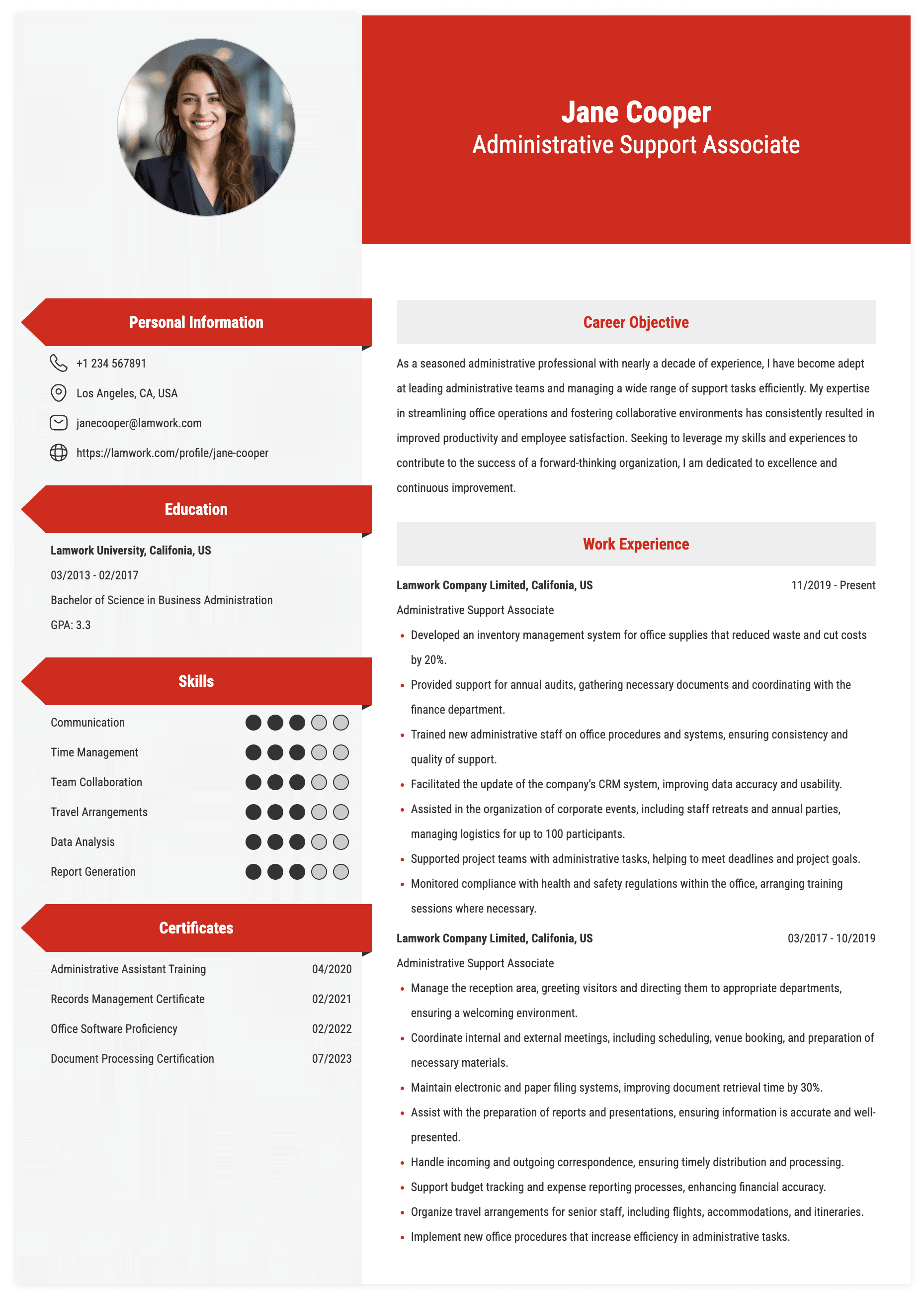 Administrative Support Associate Resume Example