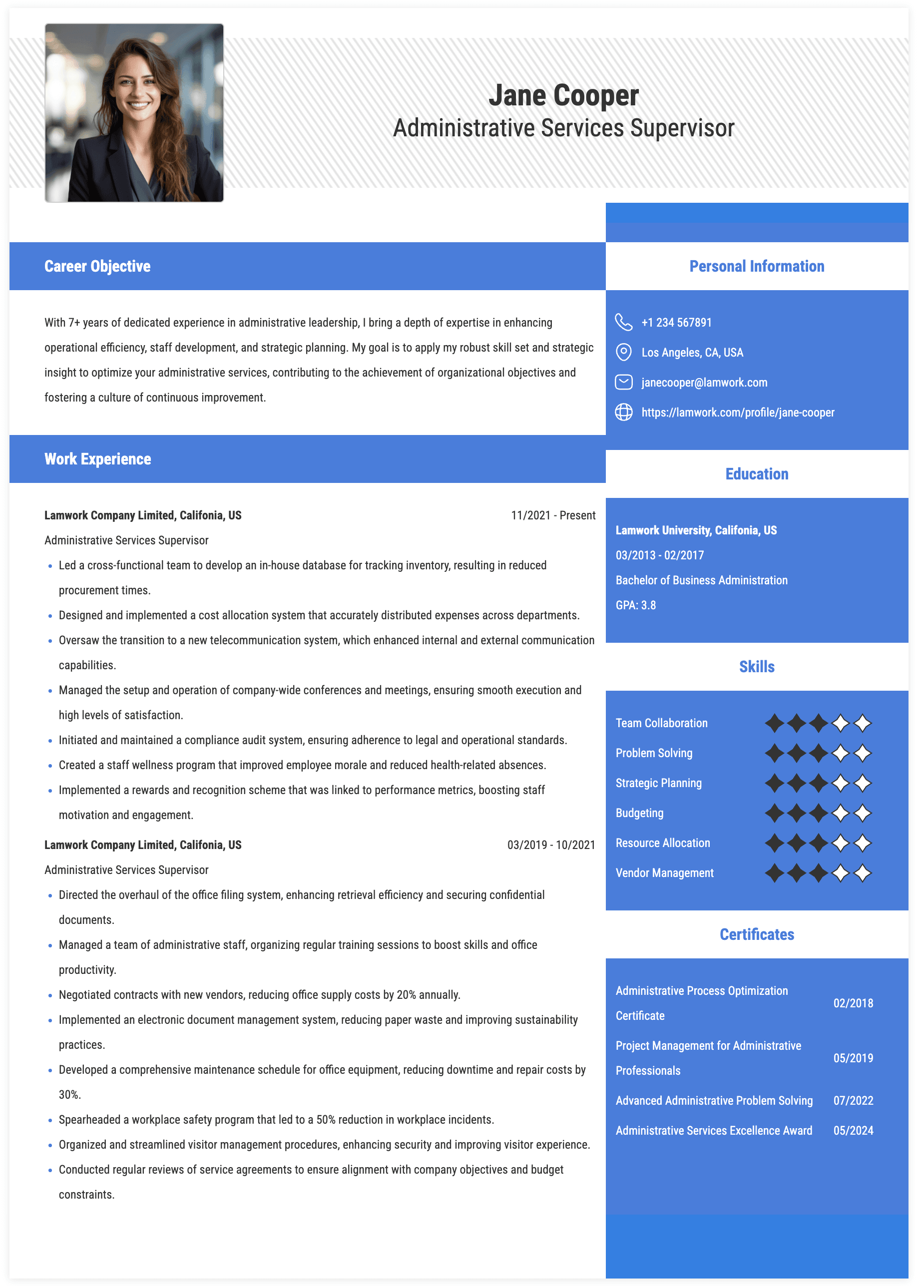 Administrative Services Supervisor Resume Example