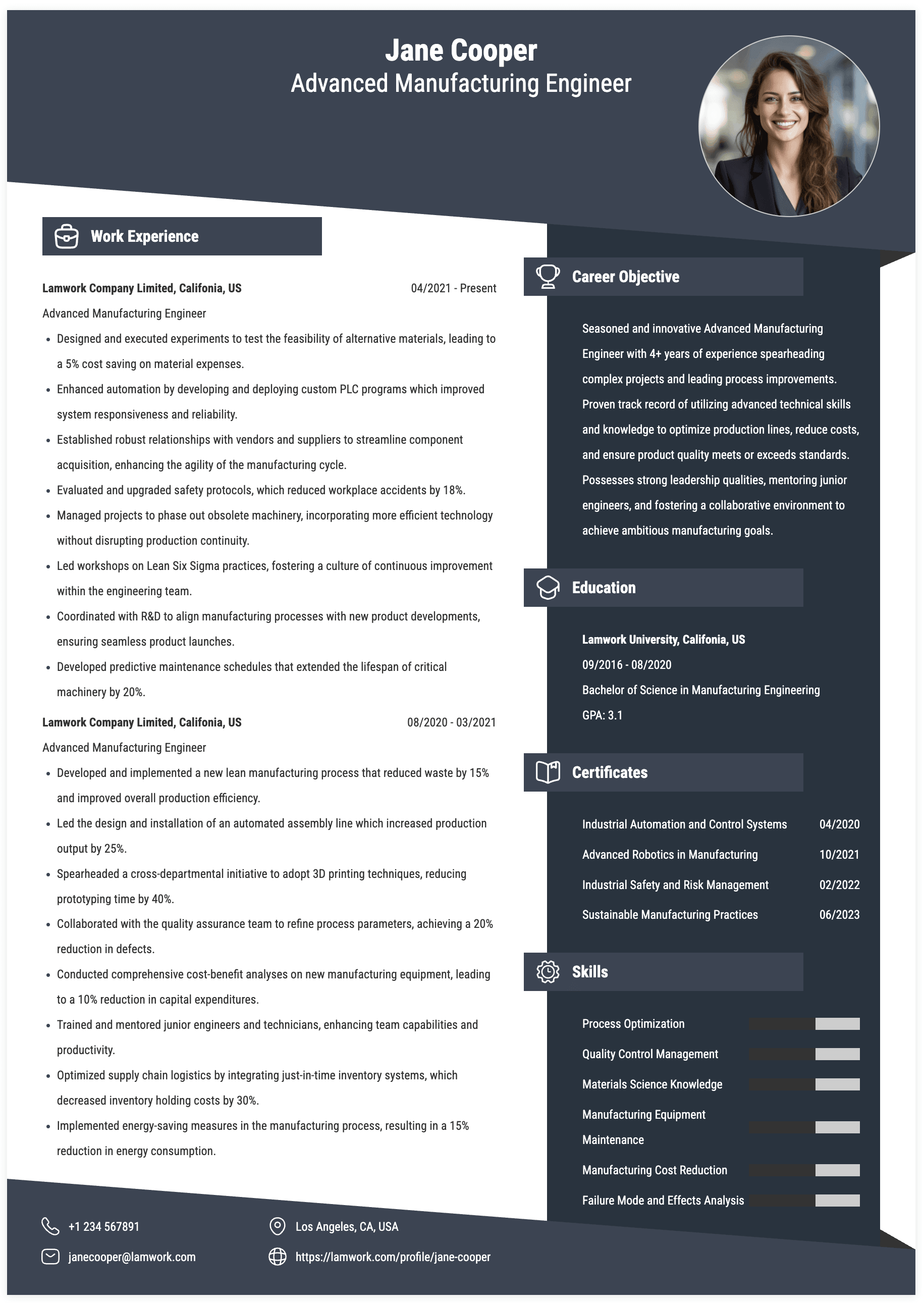 Advanced Manufacturing Engineer Resume Example