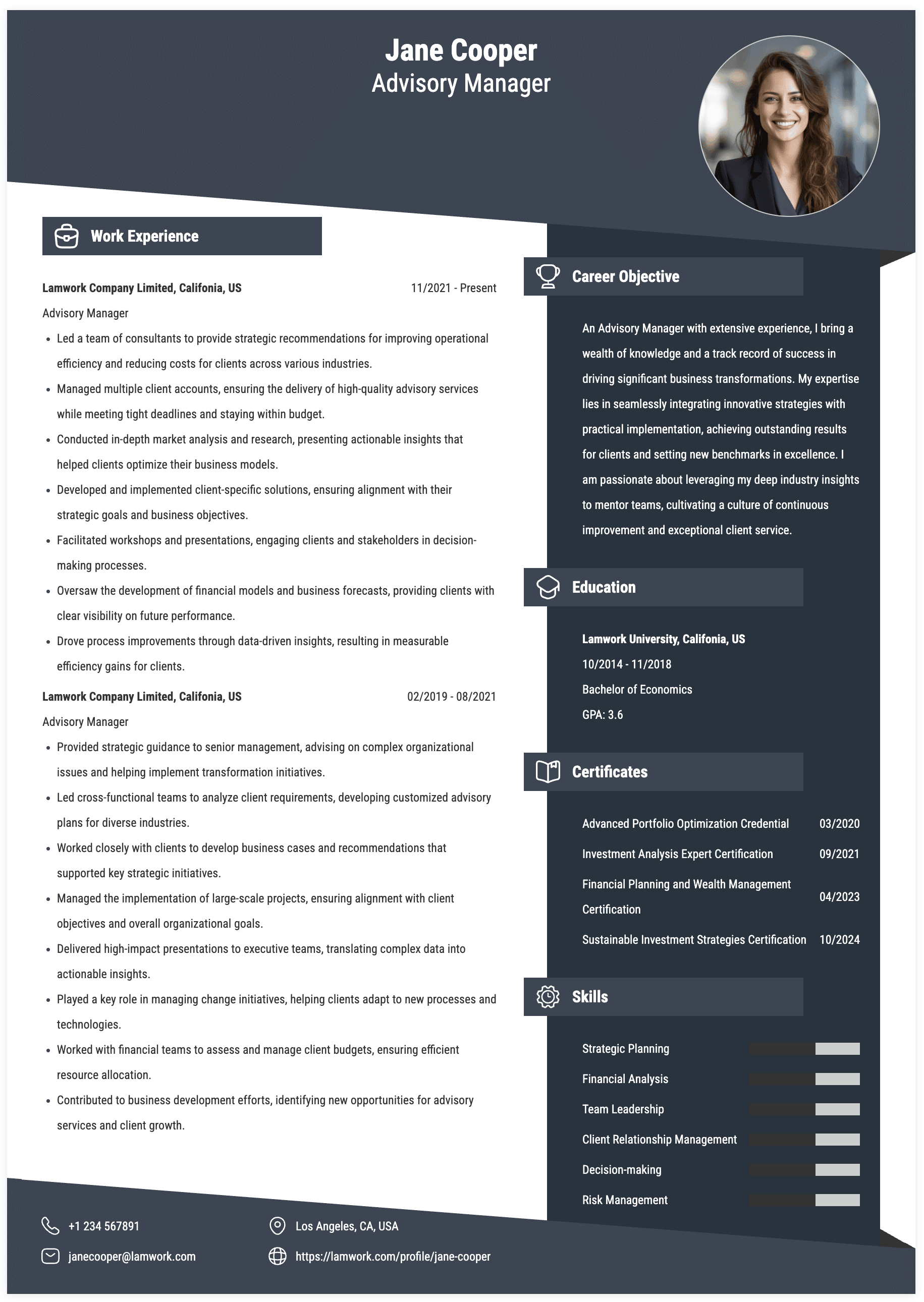 Advisory Manager Resume Example