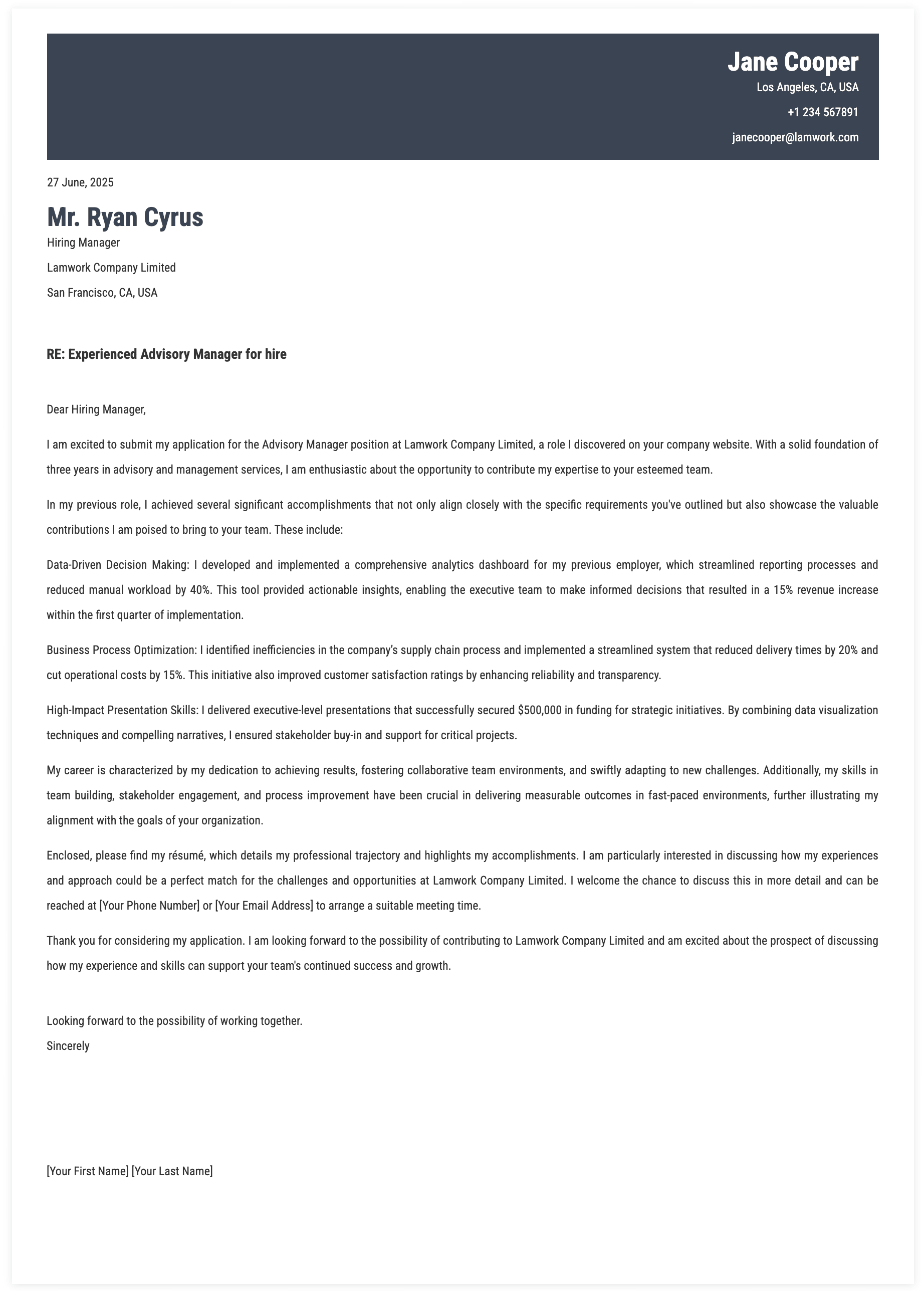 Advisory Manager Cover Letter Template