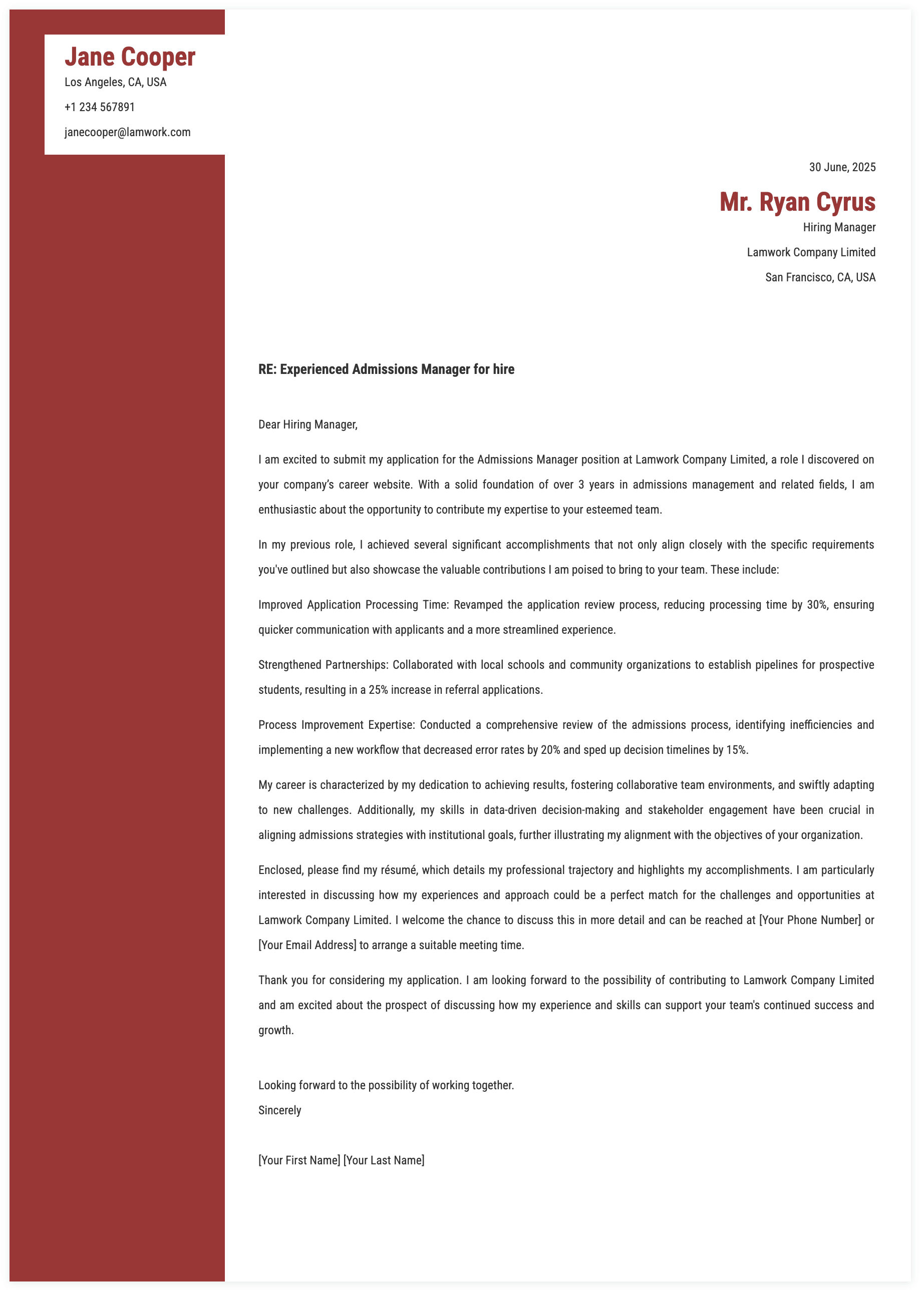 Admissions Manager Cover Letter Template