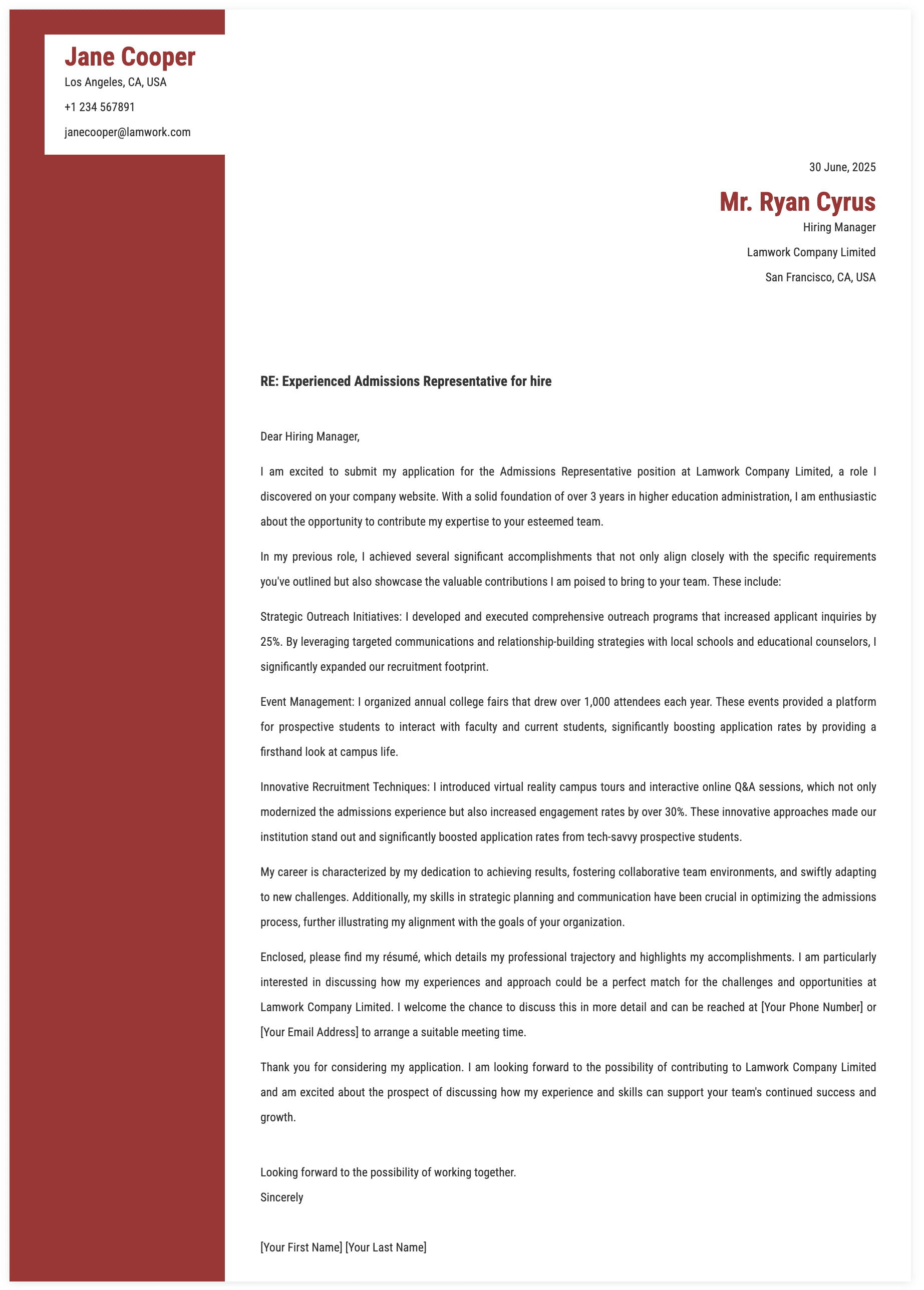 Admissions Representative Cover Letter Template