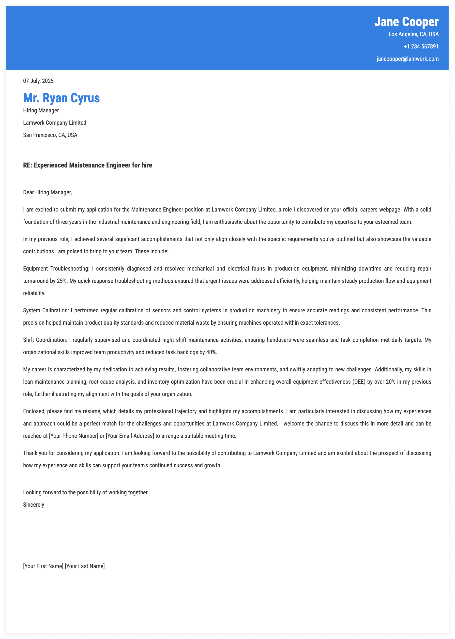 Maintenance Engineer Cover Letter Template