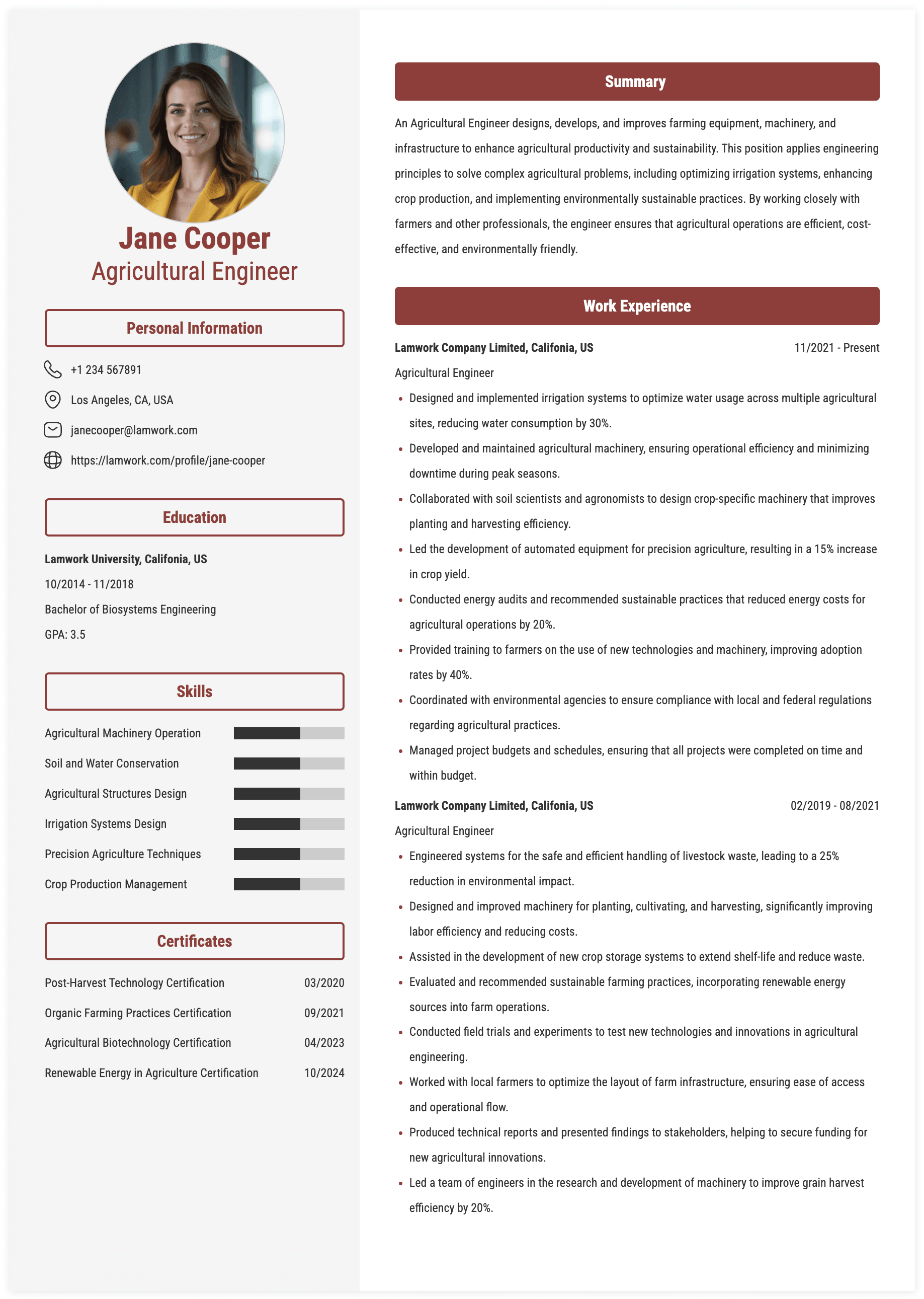 Agricultural Engineer Resume Example