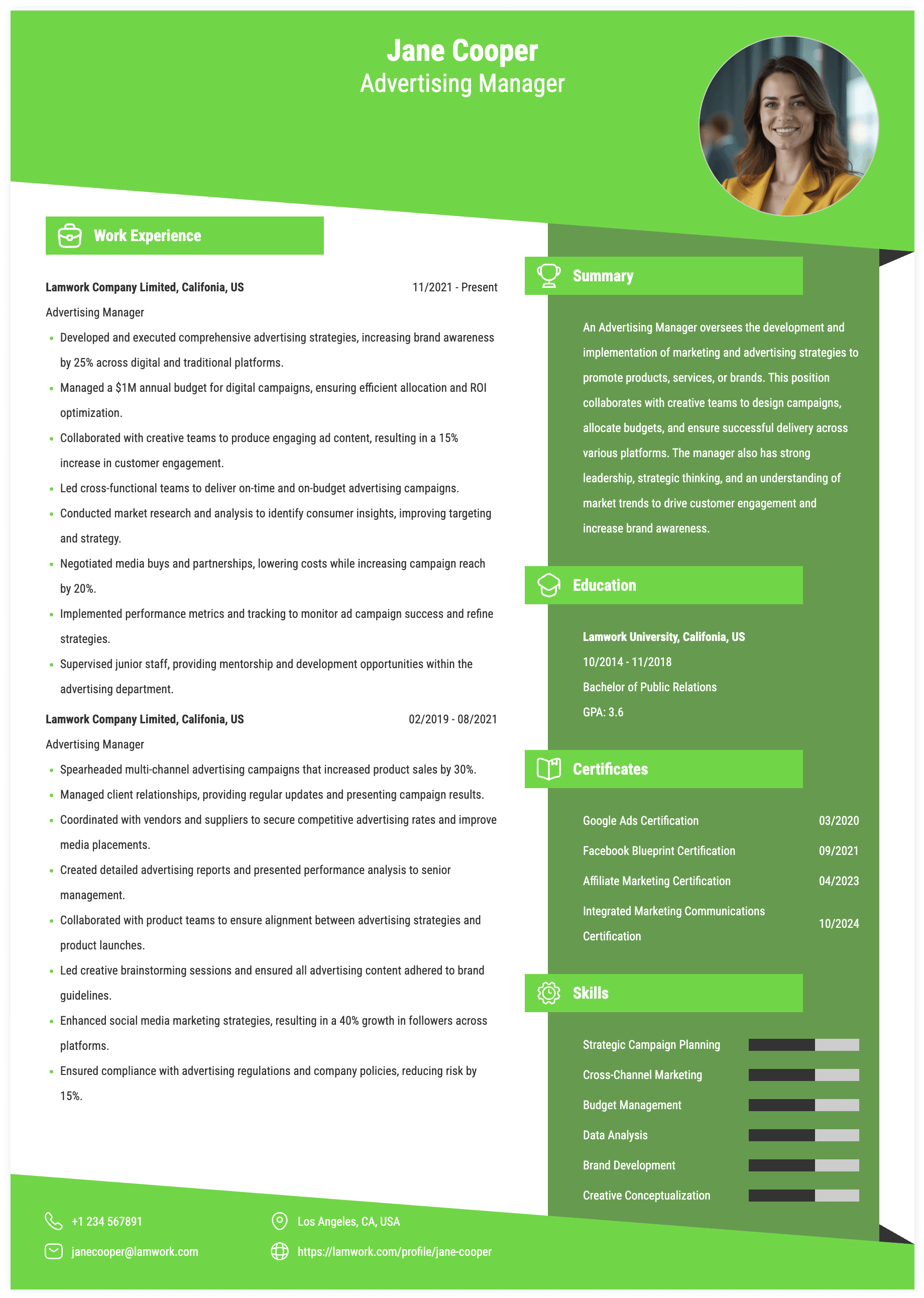 Advertising Manager Resume Example
