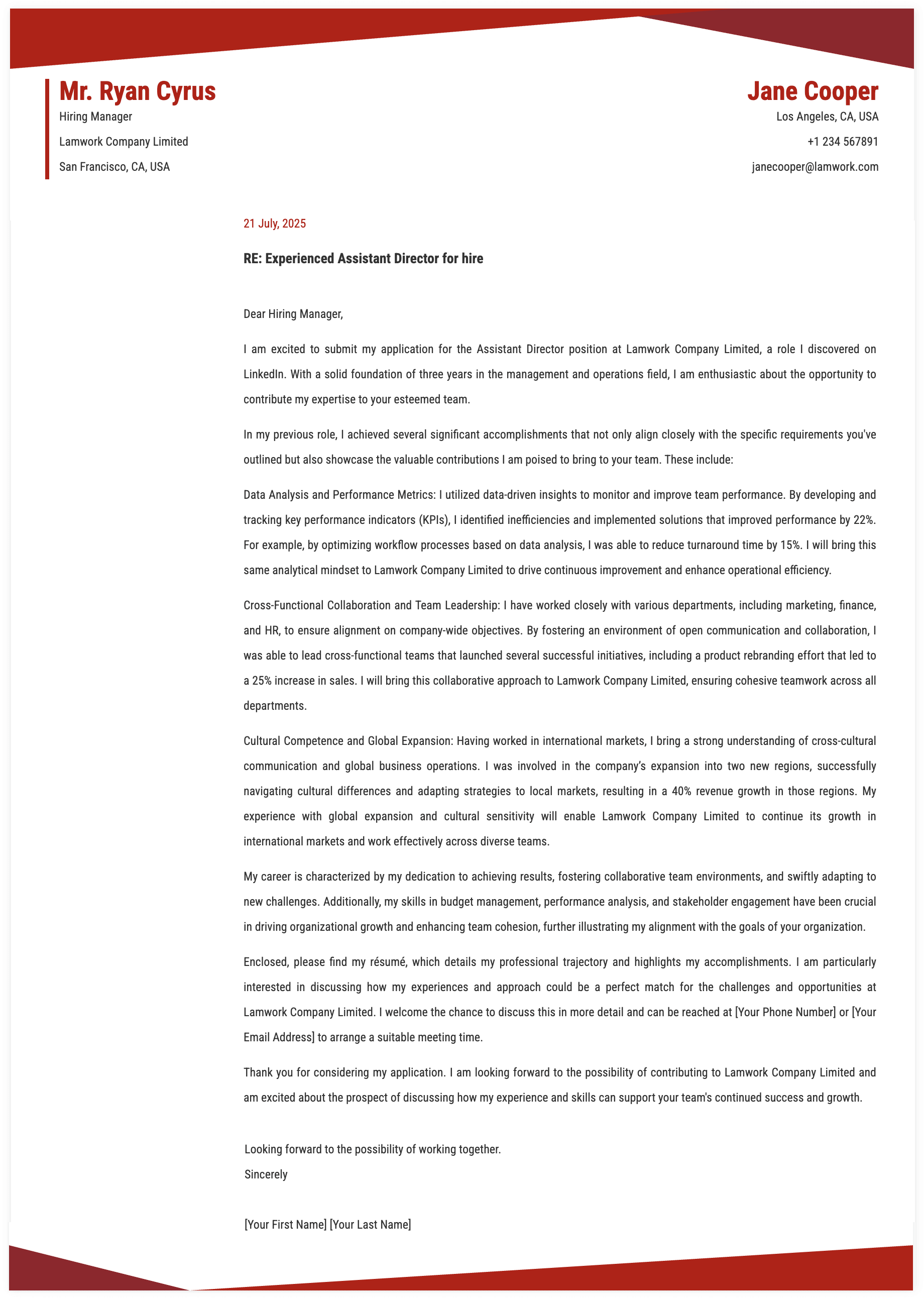 Assistant Director Cover Letter Template