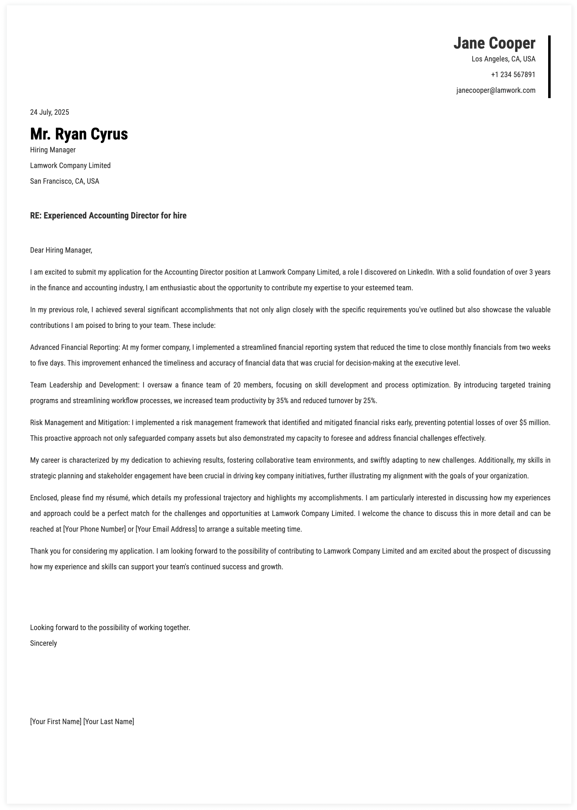Accounting Director Cover Letter Template