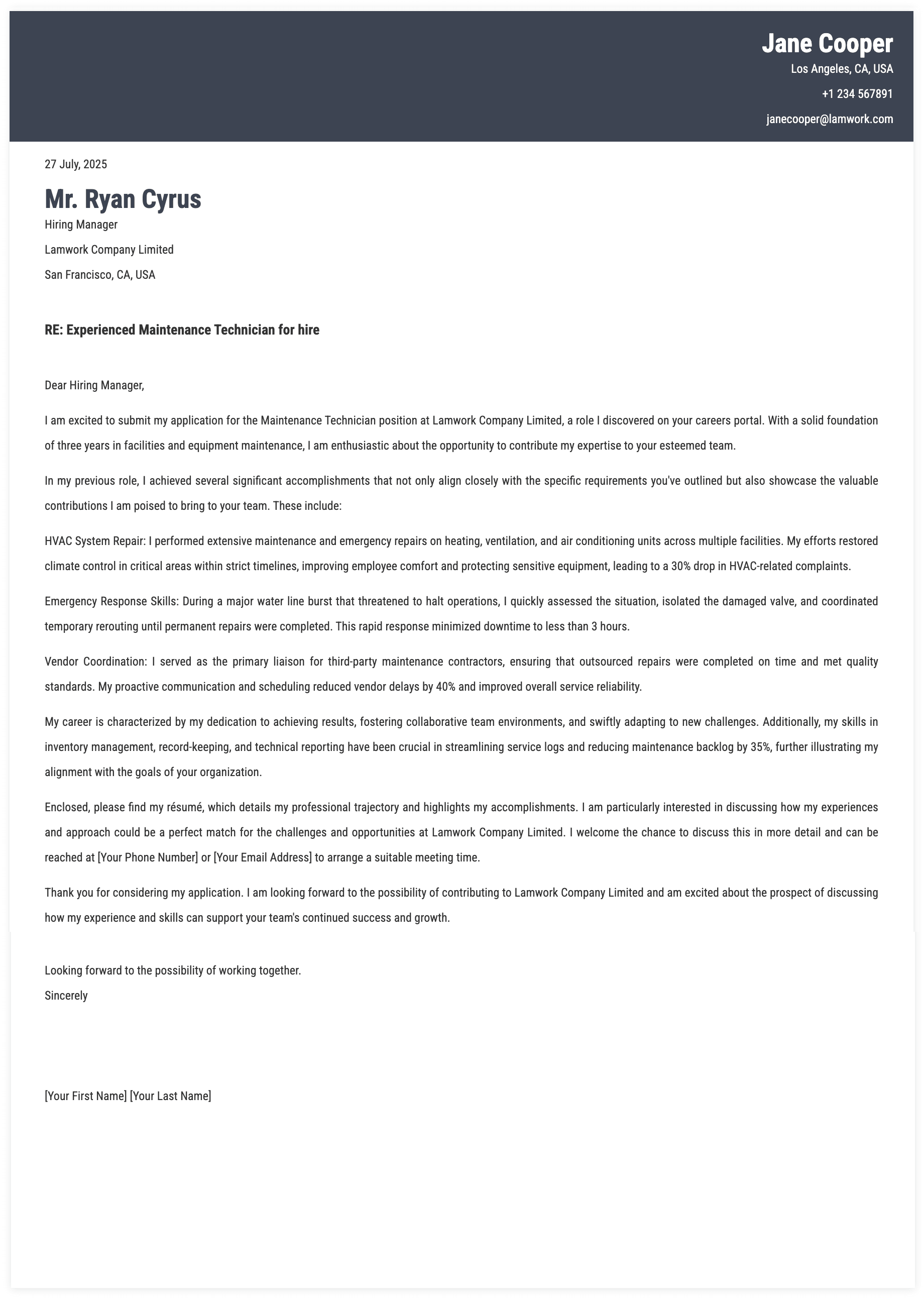 Maintenance Technician Cover Letter Key Qualifications